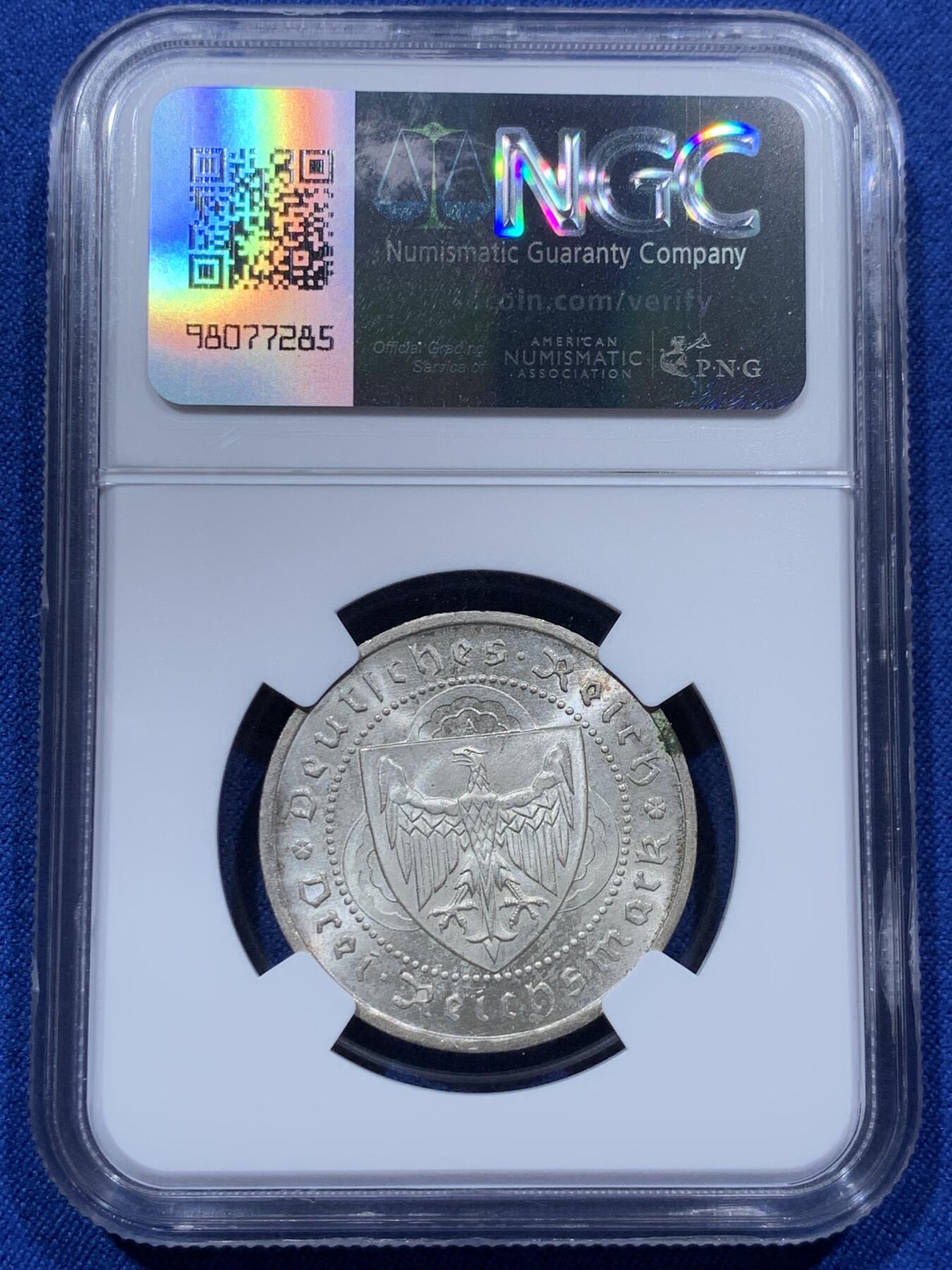 《竞宝斋》第373场 周日，周一，周二 3场连拍 （全场包邮） NGC MS64 德国1930A游吟诗人3马克银币