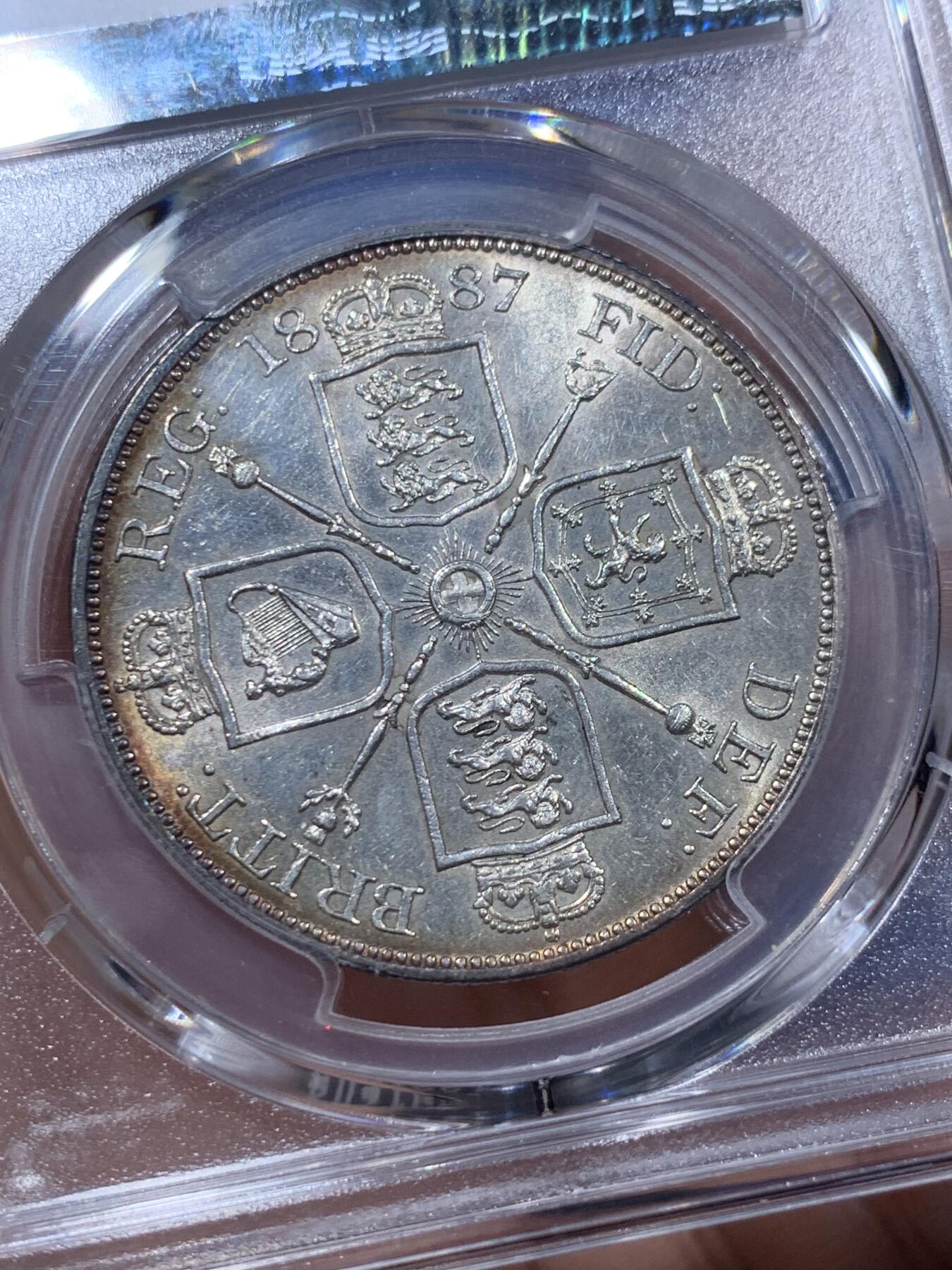 《竞宝斋》第373场 周日，周一，周二 3场连拍 （全场包邮） PCGS AU58 英国1887维多利亚高冠 双福林(4先令)银币 PL感非常明显 底板可照