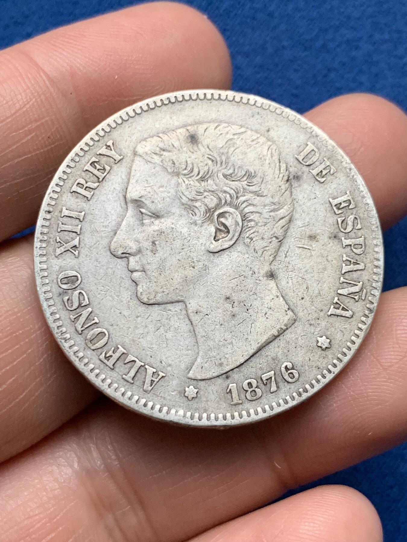 《竞宝斋》第373场 周日，周一，周二 3场连拍 （全场包邮） 西班牙1876年阿方索十二世青年头像5比塞塔大银币 发行不多的年份