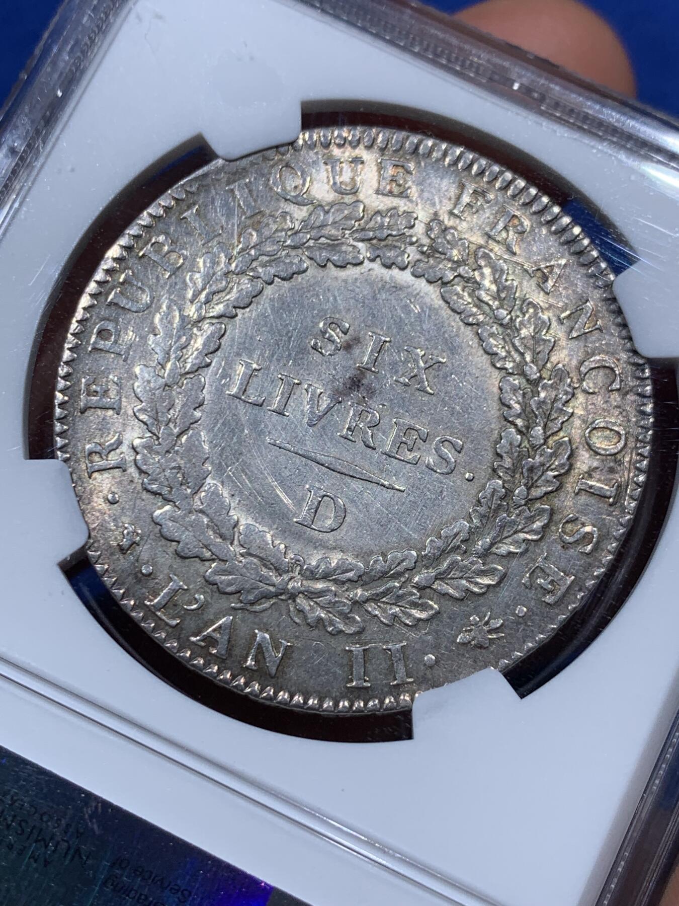 《竞宝斋》第373场 周日，周一，周二 3场连拍 （全场包邮） 热门品种 NGC UNC  法国 1793D版 天使埃居 国民公会时期6里弗尔大银币 打制规整 非常少的版别