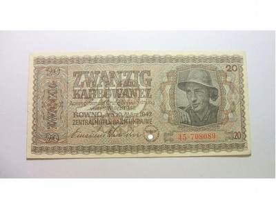 德国第三帝国占乌克兰1942年20卡博瓦内斯（等同20马克） 极美品 - 德国第三帝国占乌克兰1942年20卡博瓦内斯（等同20马克） 极美品