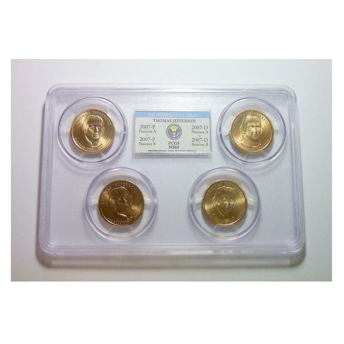 少见大盒PCGS MS65 美国杰斐逊1元总统币 4个版全齐 开卷原光