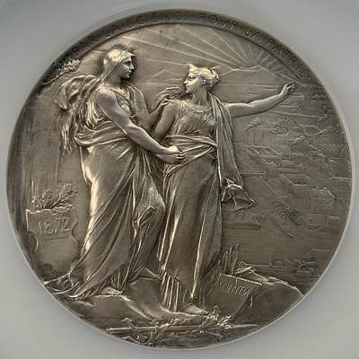 掌中浮雕-藏着的欧洲第026场 - 法国1872年科学促进协会镀银铜章，大师奥斯卡·罗蒂（O.Roty）作品,带原盒，68mm