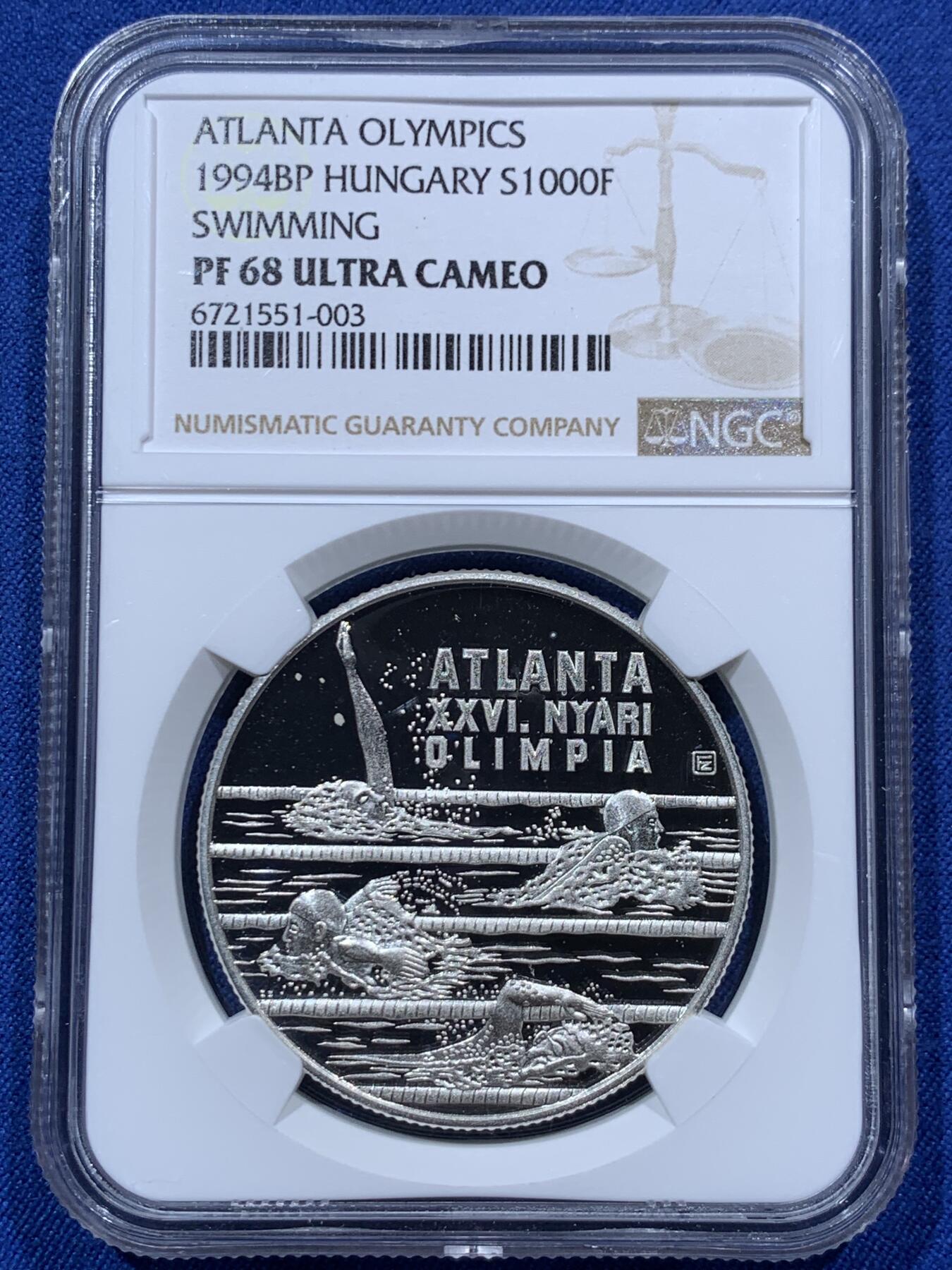 《竞宝斋》第373场 周日，周一，周二 3场连拍 （全场包邮） NGC PF68UC 匈牙利1994BP亚特兰大奥运会游泳1000弗林特精制银币，季军分，更高分仅有4枚