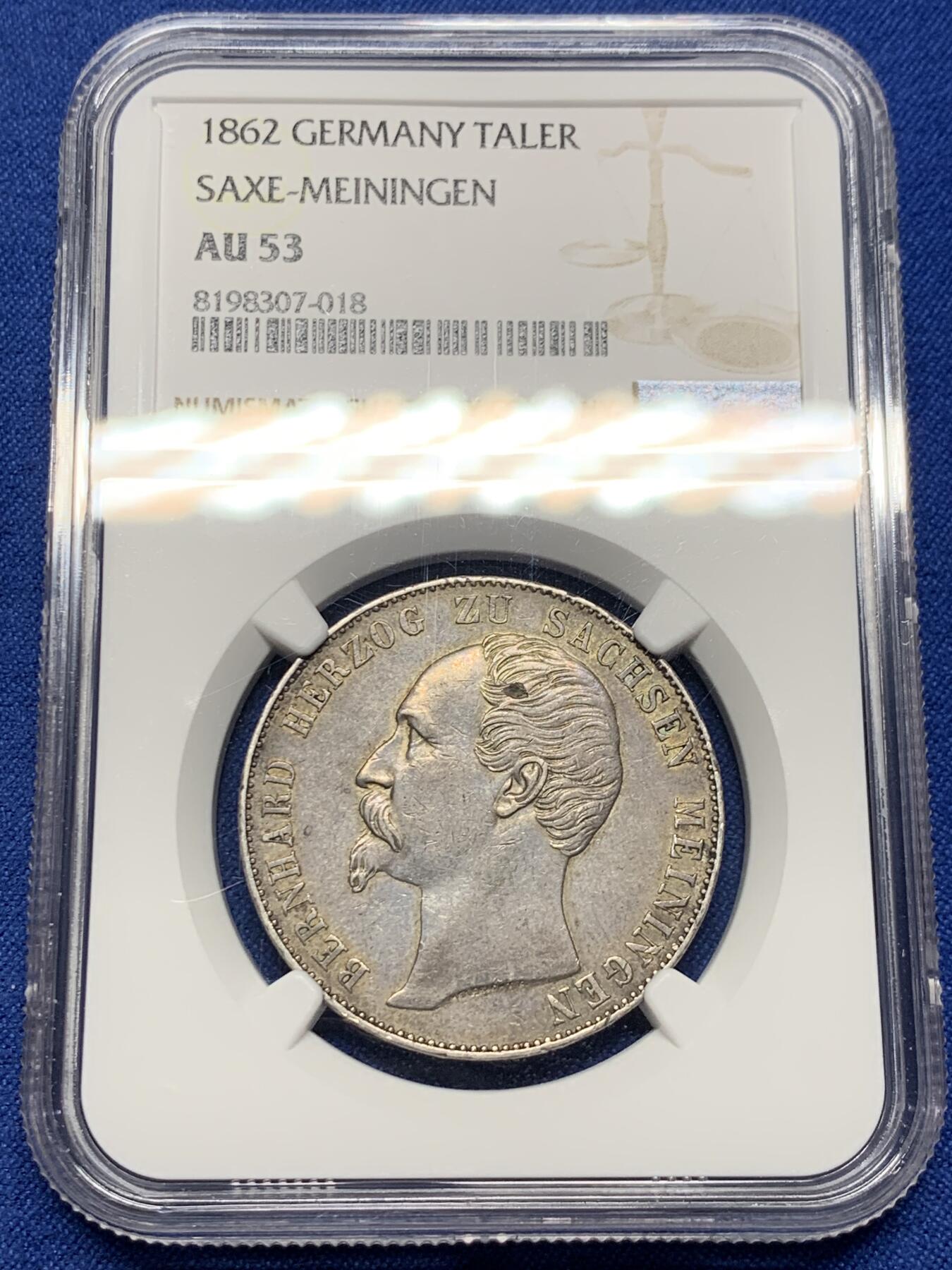 《竞宝斋》第373场 周日，周一，周二 3场连拍 （全场包邮） NGC AU53 德国 1862年 萨克森-梅宁根流通1泰勒 原味包浆 状态非常好 小邦泰勒 性价比品种 细节见图