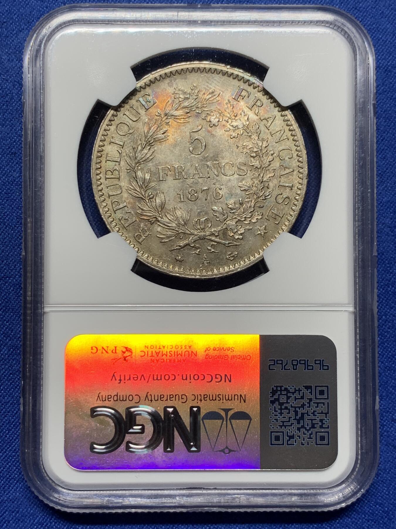 《竞宝斋》第373场 周日，周一，周二 3场连拍 （全场包邮） NGC MS61 法国1876年大力神5法郎银币 深酱彩包浆