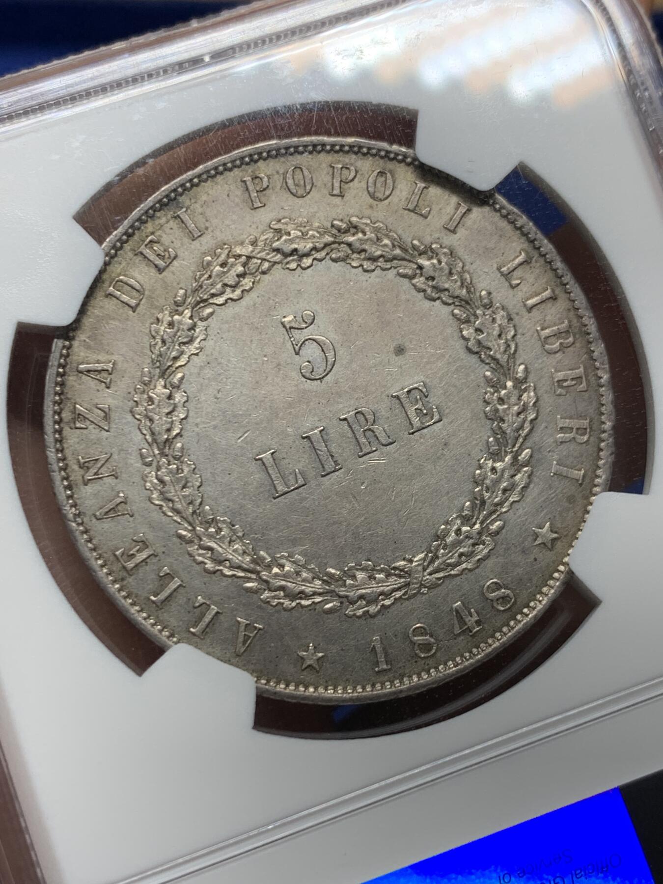 《竞宝斋》第373场 周日，周一，周二 3场连拍 （全场包邮） NGC UNC  意大利 1848年 威尼斯革命临时政府飞狮5里拉 大银币 1.1W枚的发行量 小狮子版本少见