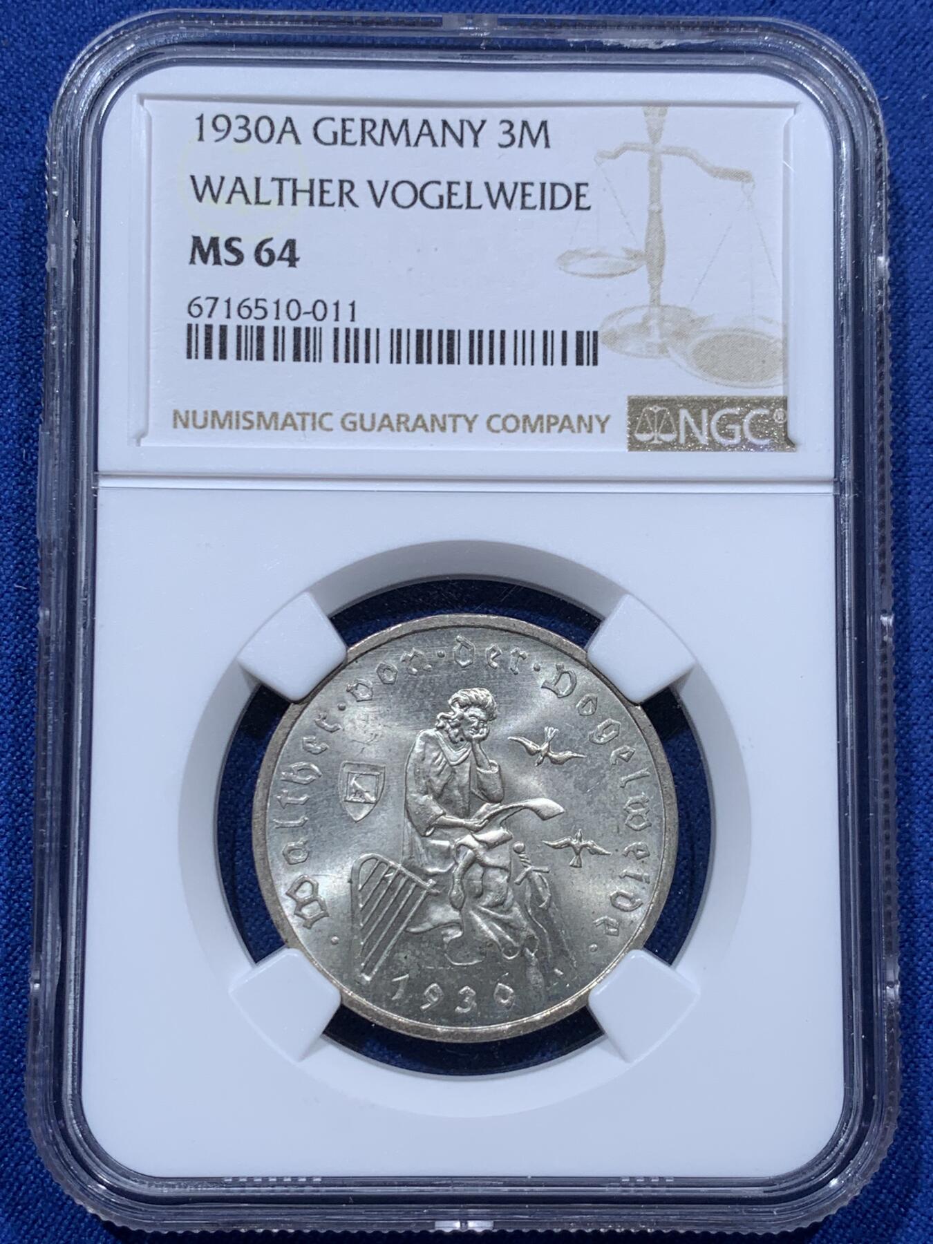 《竞宝斋》第373场 周日，周一，周二 3场连拍 （全场包邮） NGC MS64 德国1930A游吟诗人3马克银币