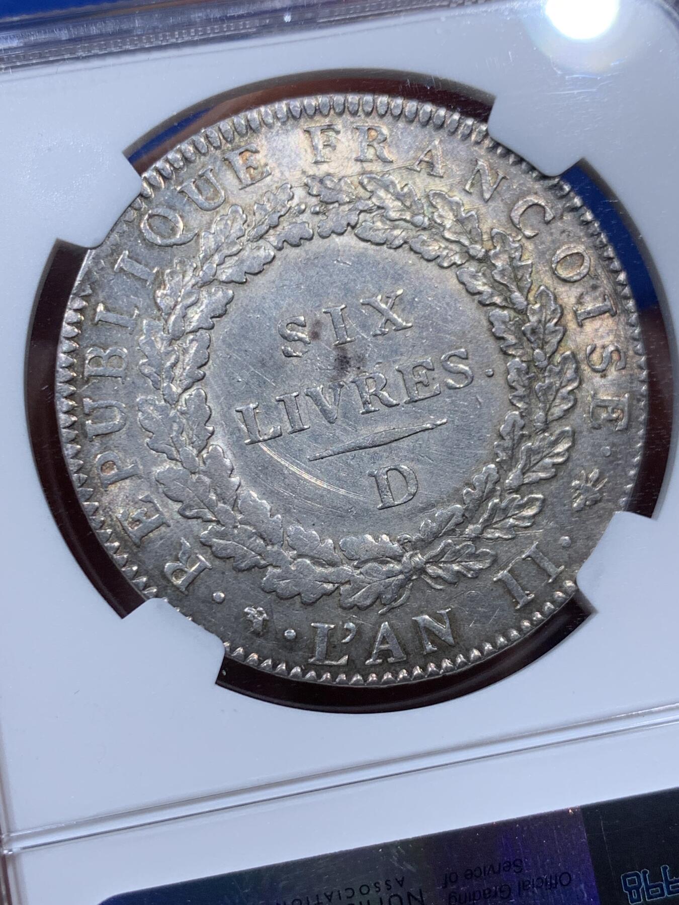 《竞宝斋》第373场 周日，周一，周二 3场连拍 （全场包邮） 热门品种 NGC UNC  法国 1793D版 天使埃居 国民公会时期6里弗尔大银币 打制规整 非常少的版别