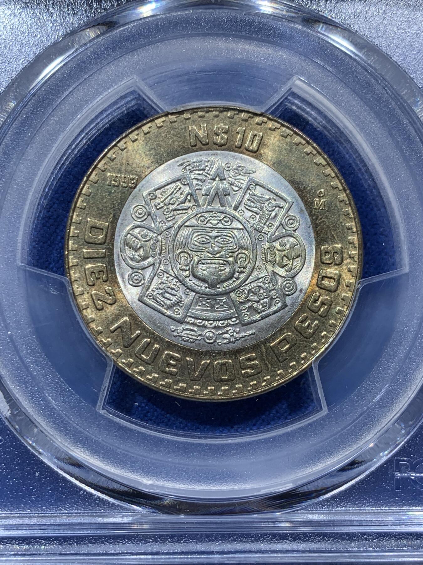 《竞宝斋》第373场 周日，周一，周二 3场连拍 （全场包邮） PCGS MS65 墨西哥1993年10比索铜银双色币，银芯925高银，好品很少见，此分数适合收藏！