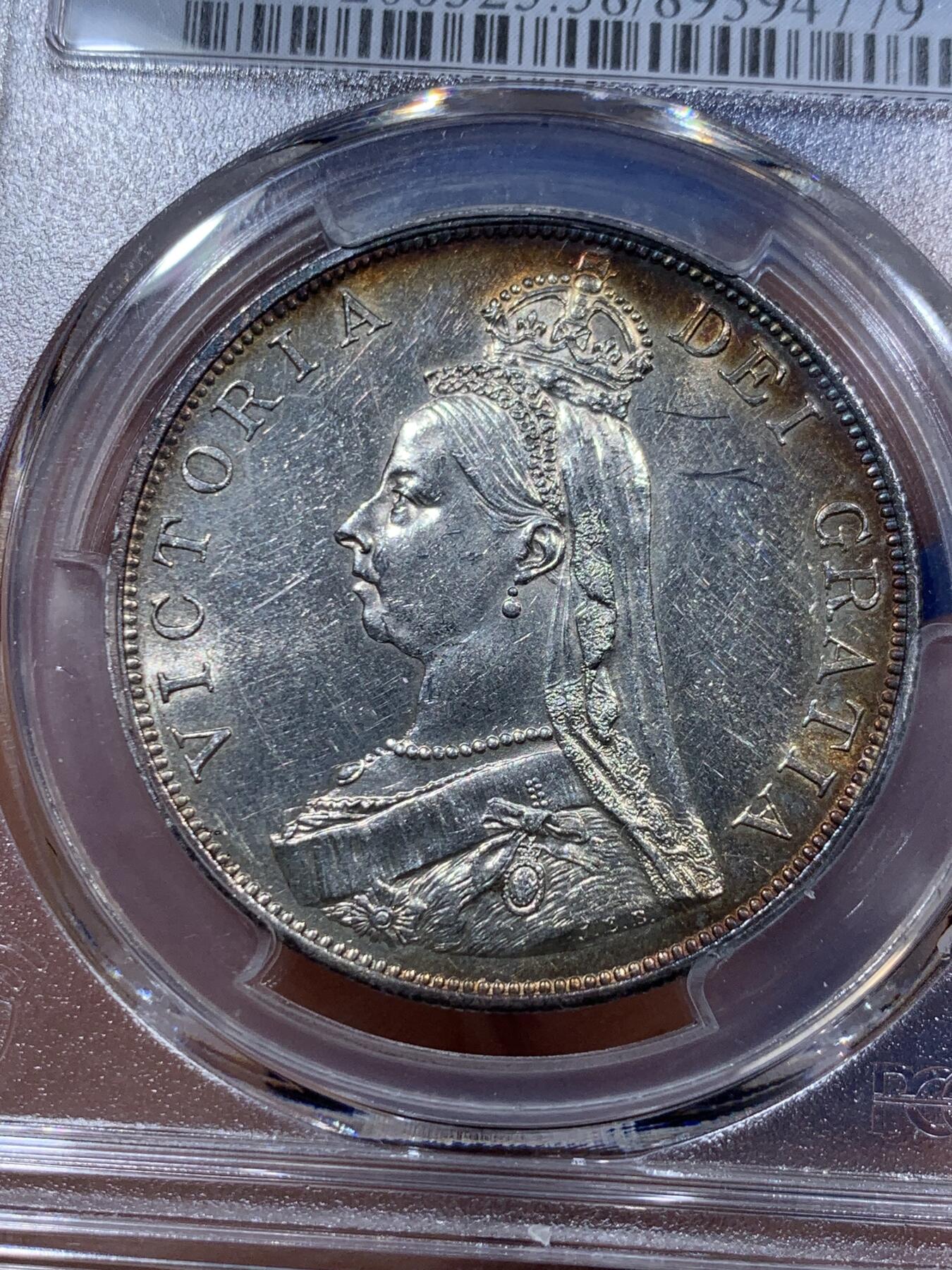 《竞宝斋》第373场 周日，周一，周二 3场连拍 （全场包邮） PCGS AU58 英国1887维多利亚高冠 双福林(4先令)银币 PL感非常明显 底板可照