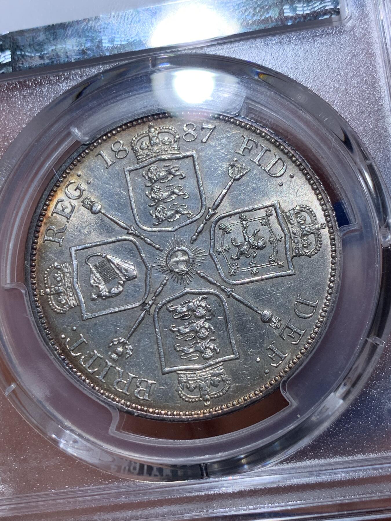 《竞宝斋》第373场 周日，周一，周二 3场连拍 （全场包邮） PCGS AU58 英国1887维多利亚高冠 双福林(4先令)银币 PL感非常明显 底板可照