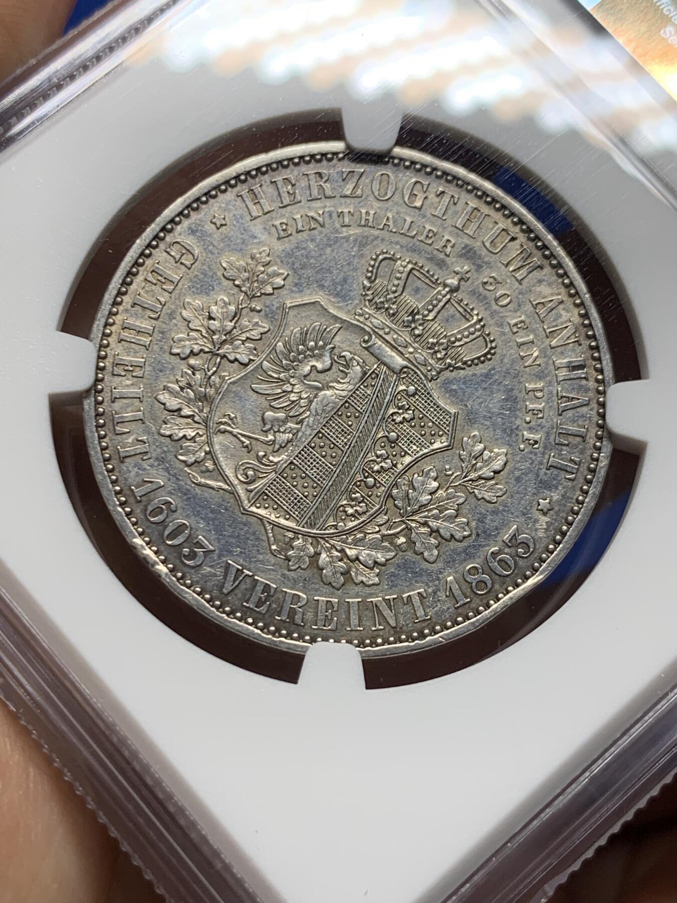 《竞宝斋》第373场 周日，周一，周二 3场连拍 （全场包邮） NGC AUD 德国1863年安哈特-德绍1泰勒银币 铸造用于庆祝安哈特公国重新联合