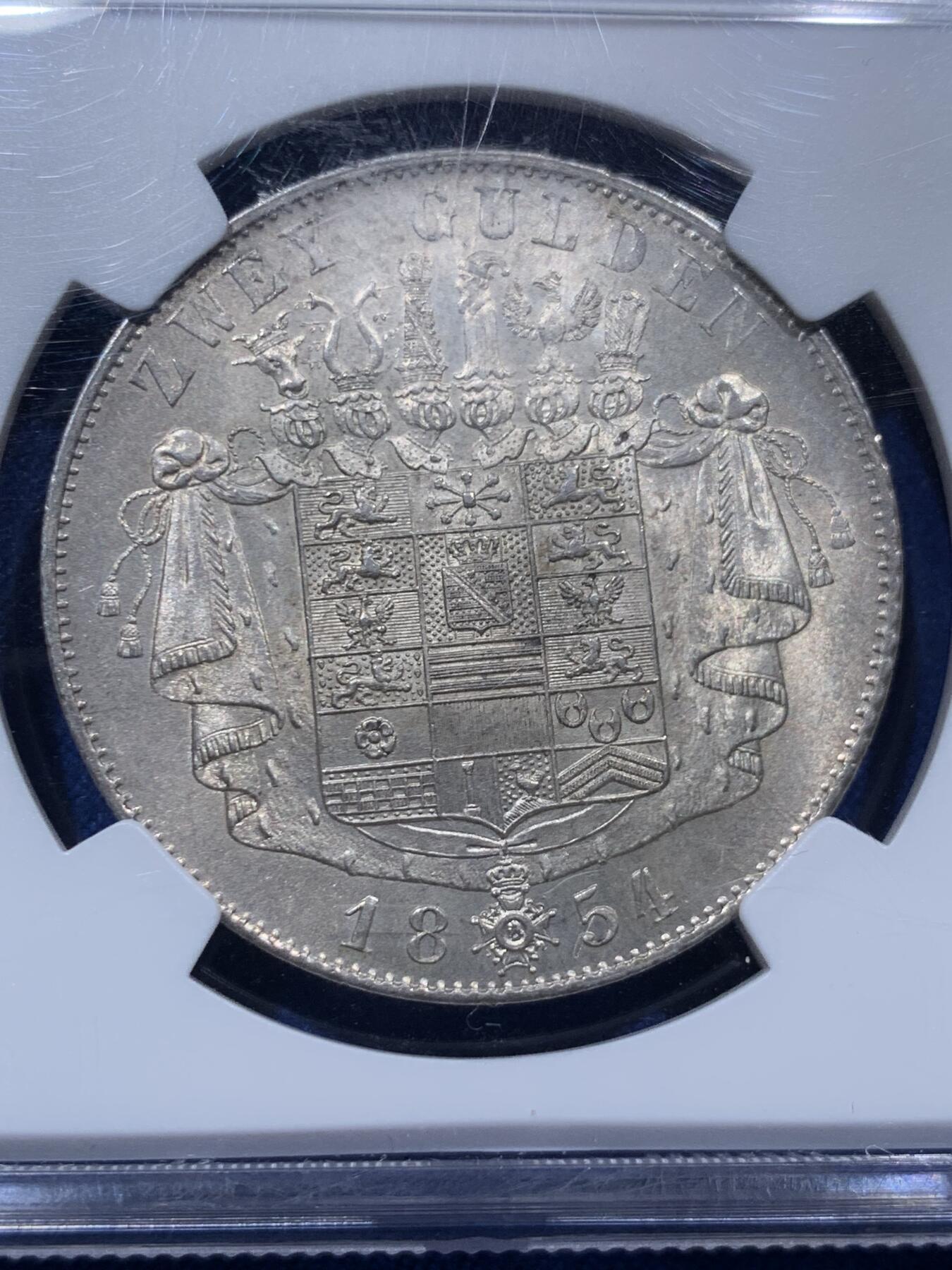 《竞宝斋》第373场 周日，周一，周二 3场连拍 （全场包邮） NGC MS63 德国1854年萨克森梅宁根2盾银币！单一年份，少见好品，原汁原味！