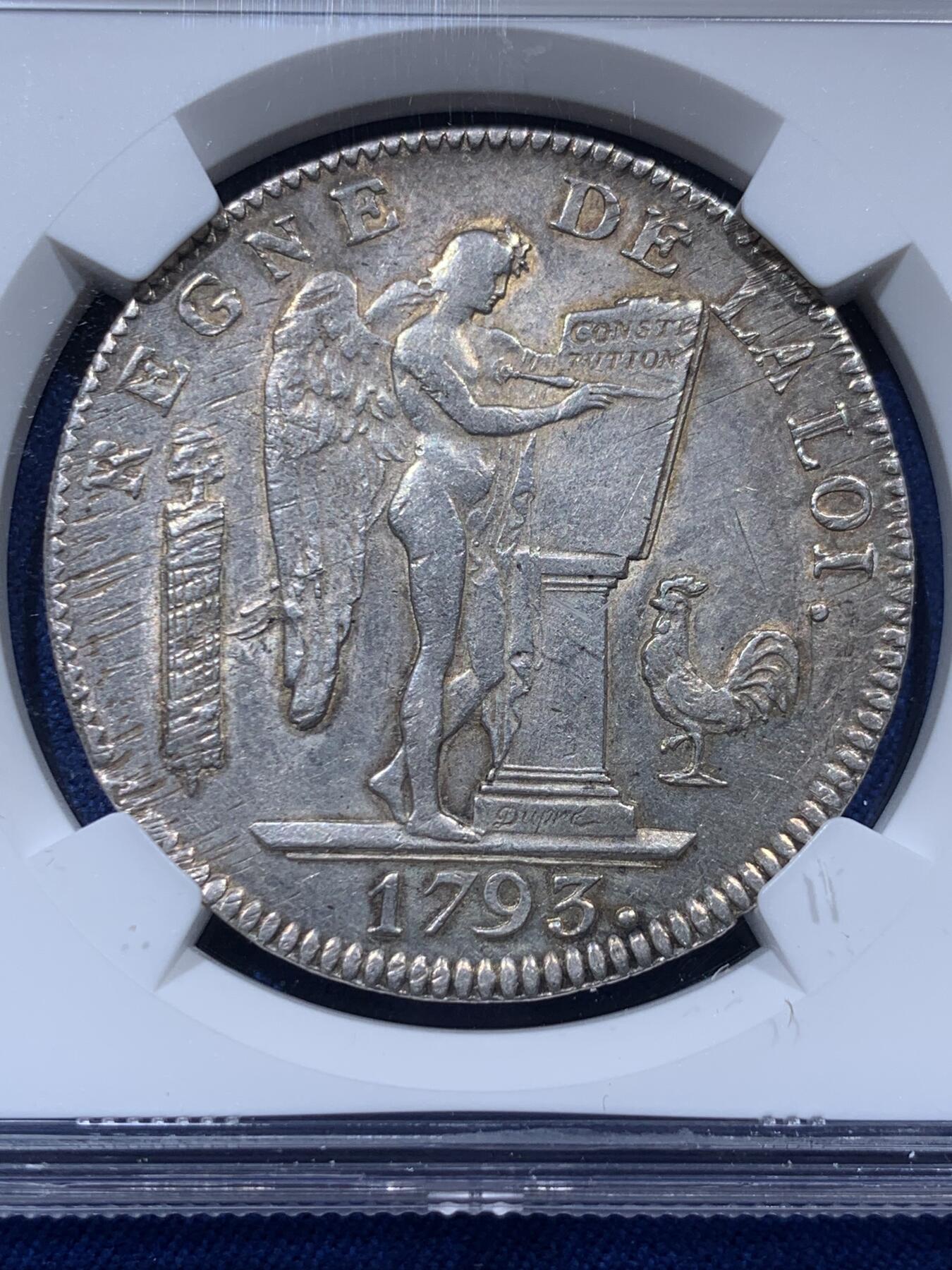 《竞宝斋》第373场 周日，周一，周二 3场连拍 （全场包邮） 热门品种 NGC UNC  法国 1793D版 天使埃居 国民公会时期6里弗尔大银币 打制规整 非常少的版别