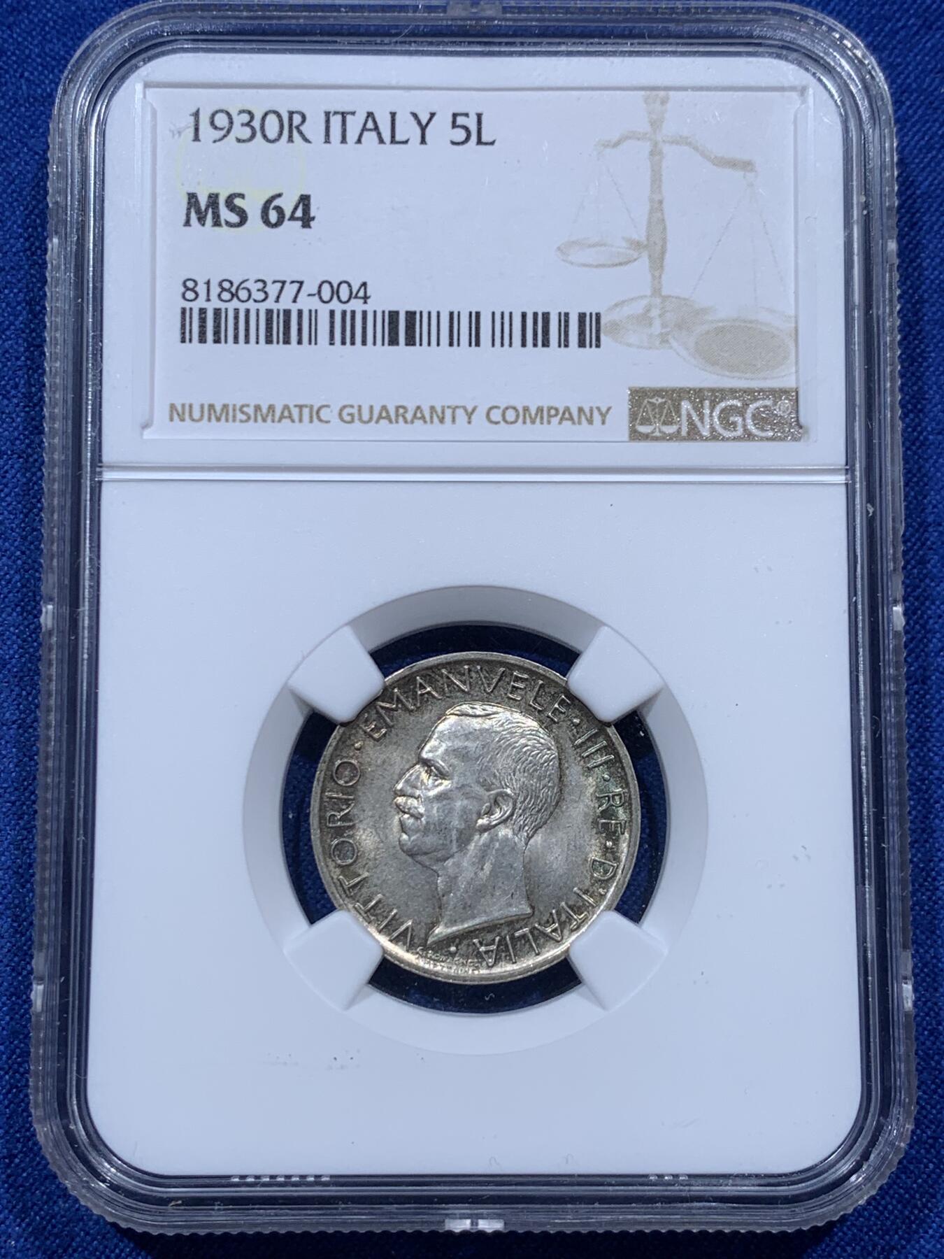 《竞宝斋》第373场 周日，周一，周二 3场连拍 （全场包邮） NGC MS64 意大利1930年埃曼纽尔三世5里拉银币，带漂亮环五彩，光度极佳，好状态。