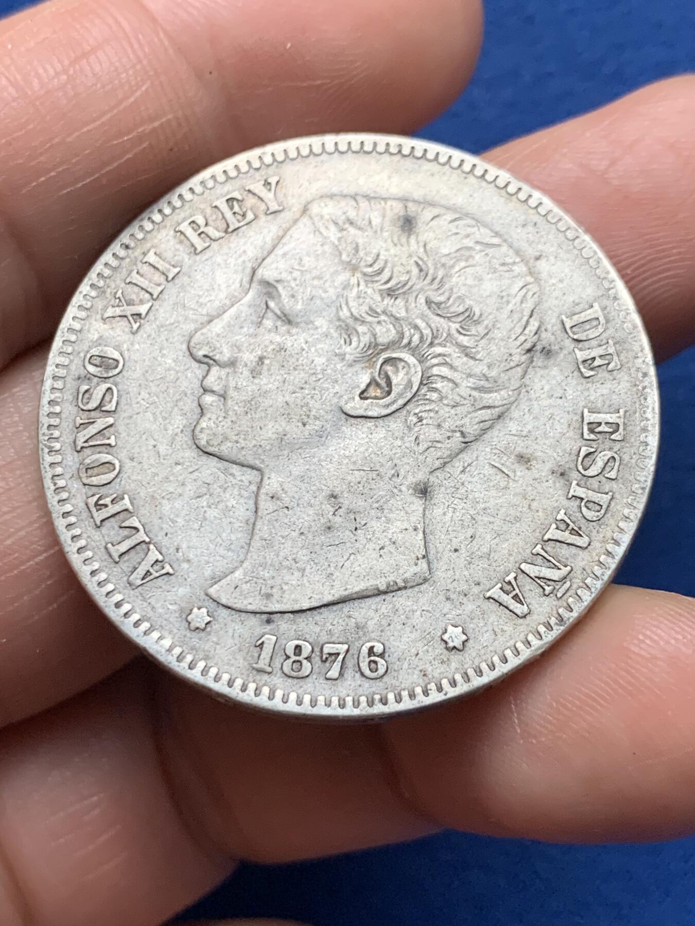 《竞宝斋》第373场 周日，周一，周二 3场连拍 （全场包邮） 西班牙1876年阿方索十二世青年头像5比塞塔大银币 发行不多的年份