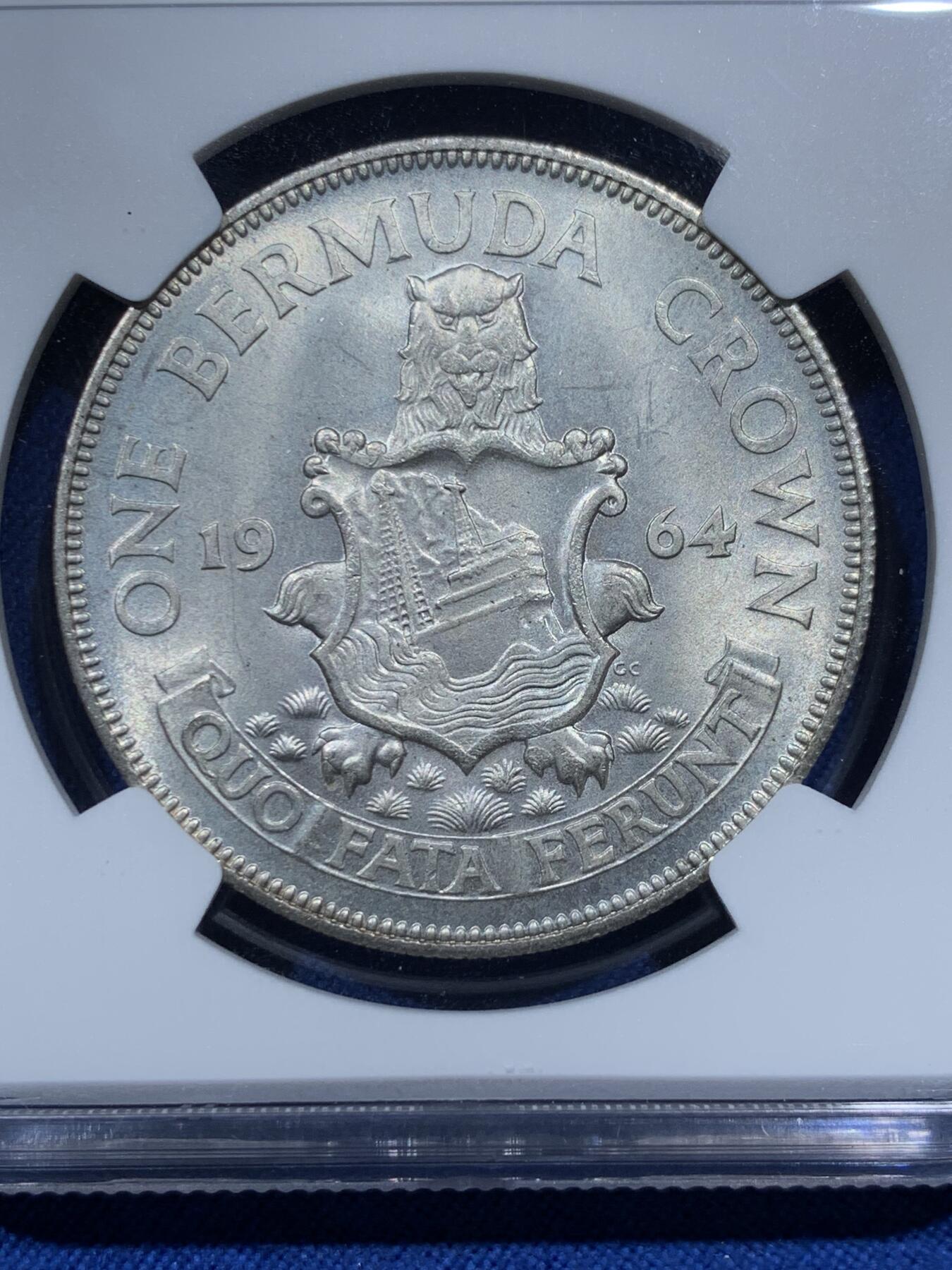 《竞宝斋》第374场 周日，周一，周二 3场连拍 （全场包邮） NGC MS65 英属百慕大1964年伊丽莎白二世青年头像克朗银币 经典女王头像