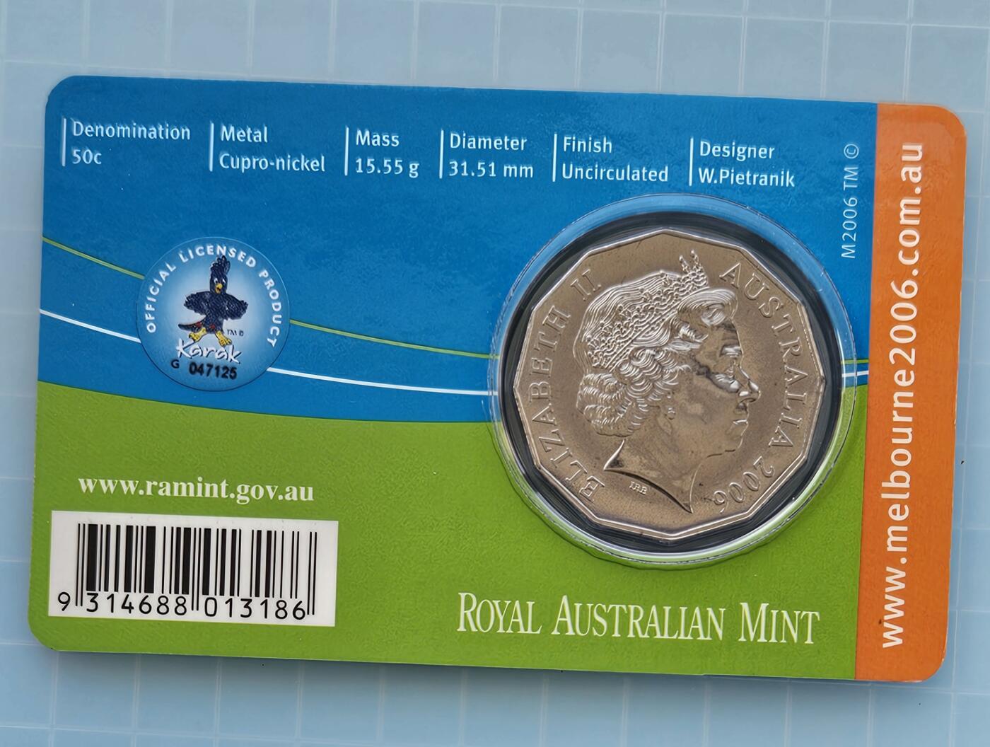 JoDe826 收藏第02次拍卖，英联邦地区硬币纸币  澳大利亚 年份 2006, 50 Cents, 全新的 纪念钞 硬币 带卡 