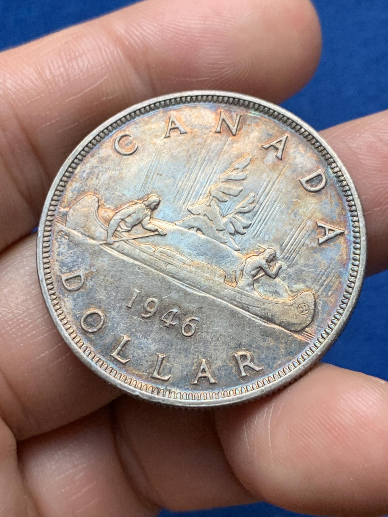 《竞宝斋》第374场 周日，周一，周二 3场连拍 （全场包邮） 加拿大 1946年 乔治六世-划船 1元银币