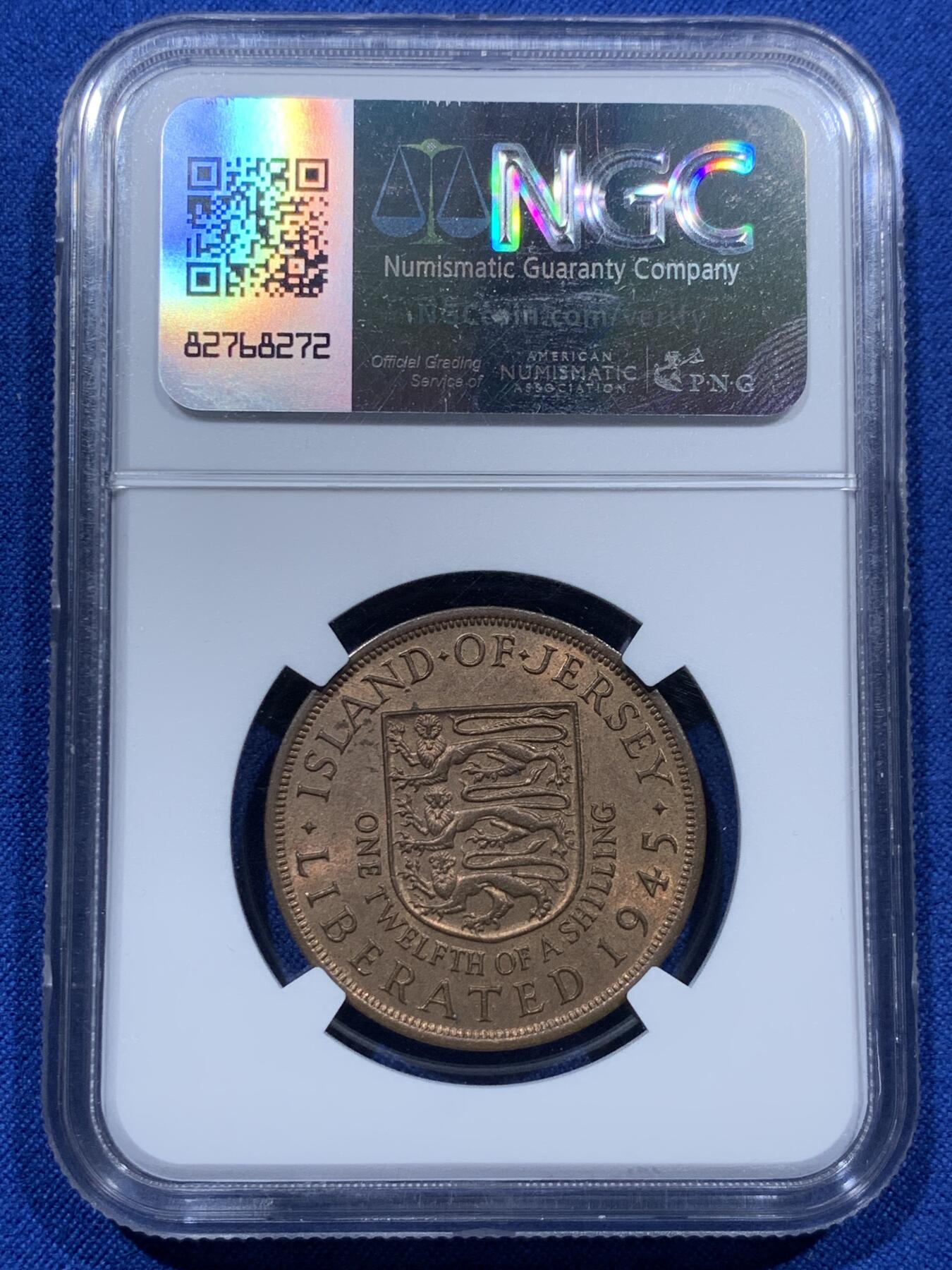 《竞宝斋》第374场 周日，周一，周二 3场连拍 （全场包邮） NGC MS64RB 泽西1945年1/12先令，乔治六世版本，分数合格