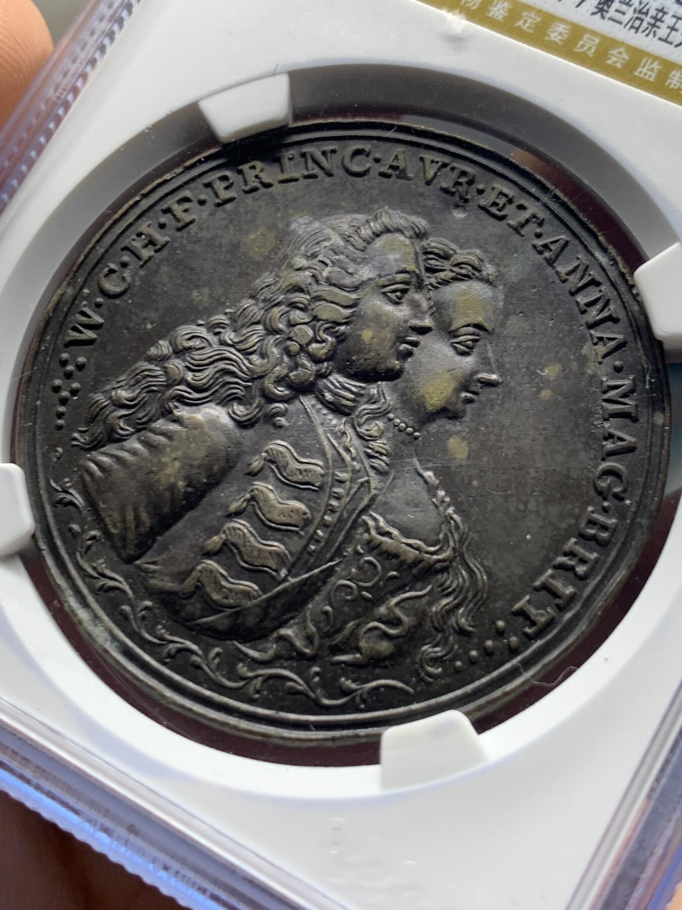 《竞宝斋》第375场 周日，周一，周二 3场连拍 （全场包邮） 公博MS63 1747年尼德兰联省共和国锌章，奥兰治亲王夫妇头像