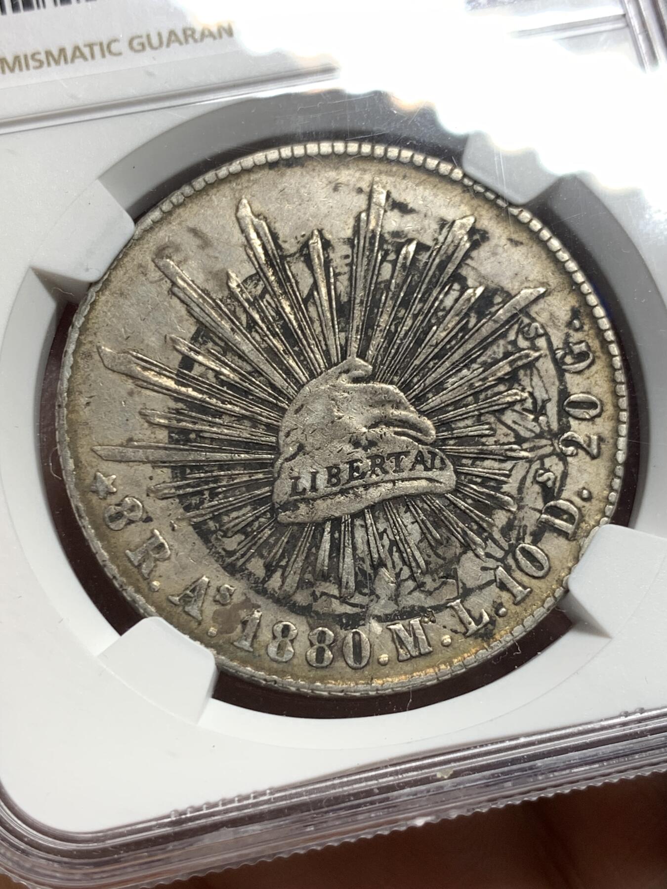 《竞宝斋》第374场 周日，周一，周二 3场连拍 （全场包邮） NGC XFD 墨西哥1880年鹰洋 AS阿拉莫斯厂，比较少见，墨印，有戳