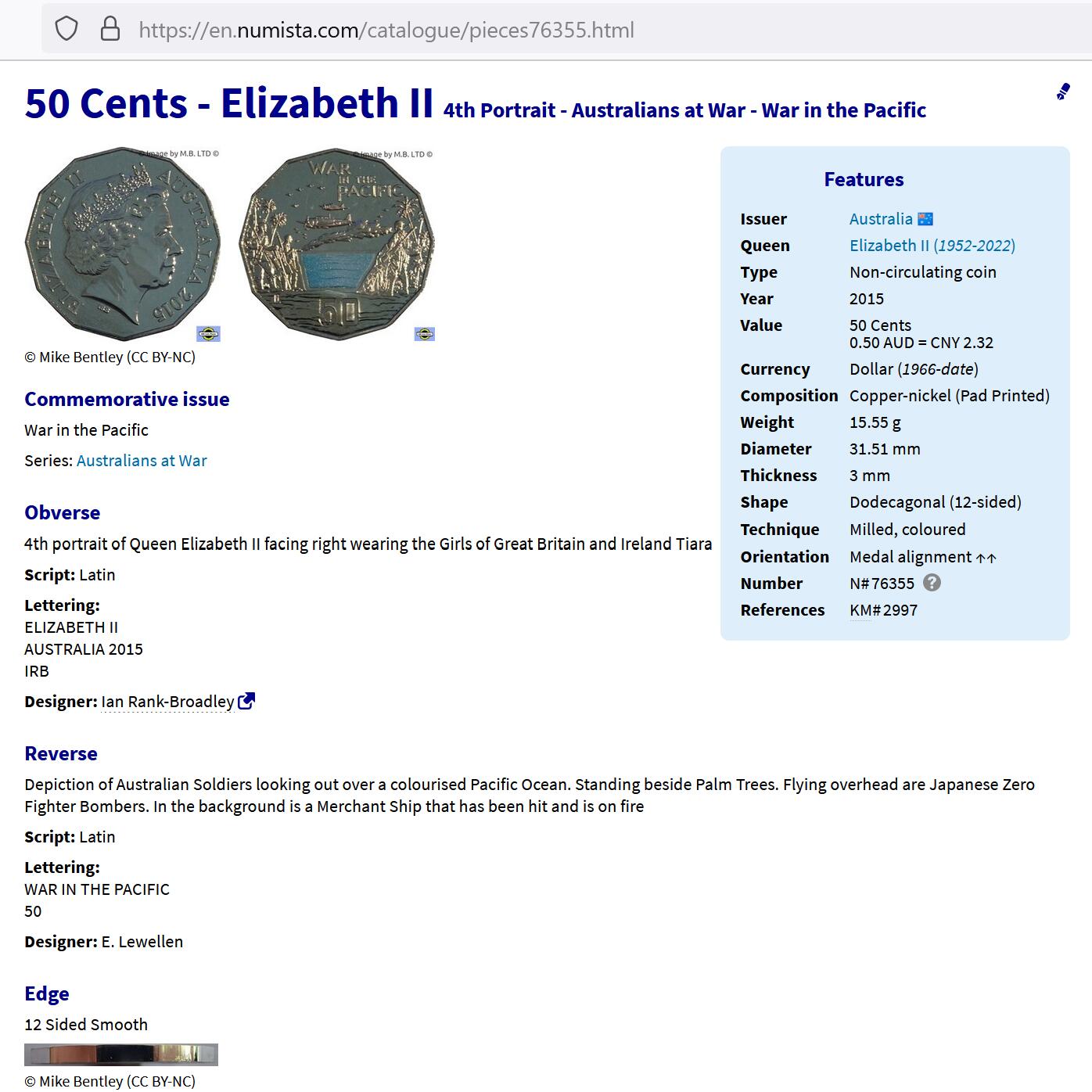 JoDe826 收藏第02次拍卖，英联邦地区硬币纸币  澳大利亚 年份 2015, 50 Cents, 全新的 纪念钞 硬币 带卡 