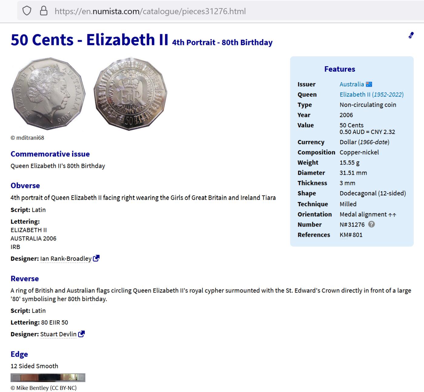 JoDe826 收藏第02次拍卖，英联邦地区硬币纸币  澳大利亚 年份 2006, 50 Cents, 全新的 纪念钞 硬币 带卡 