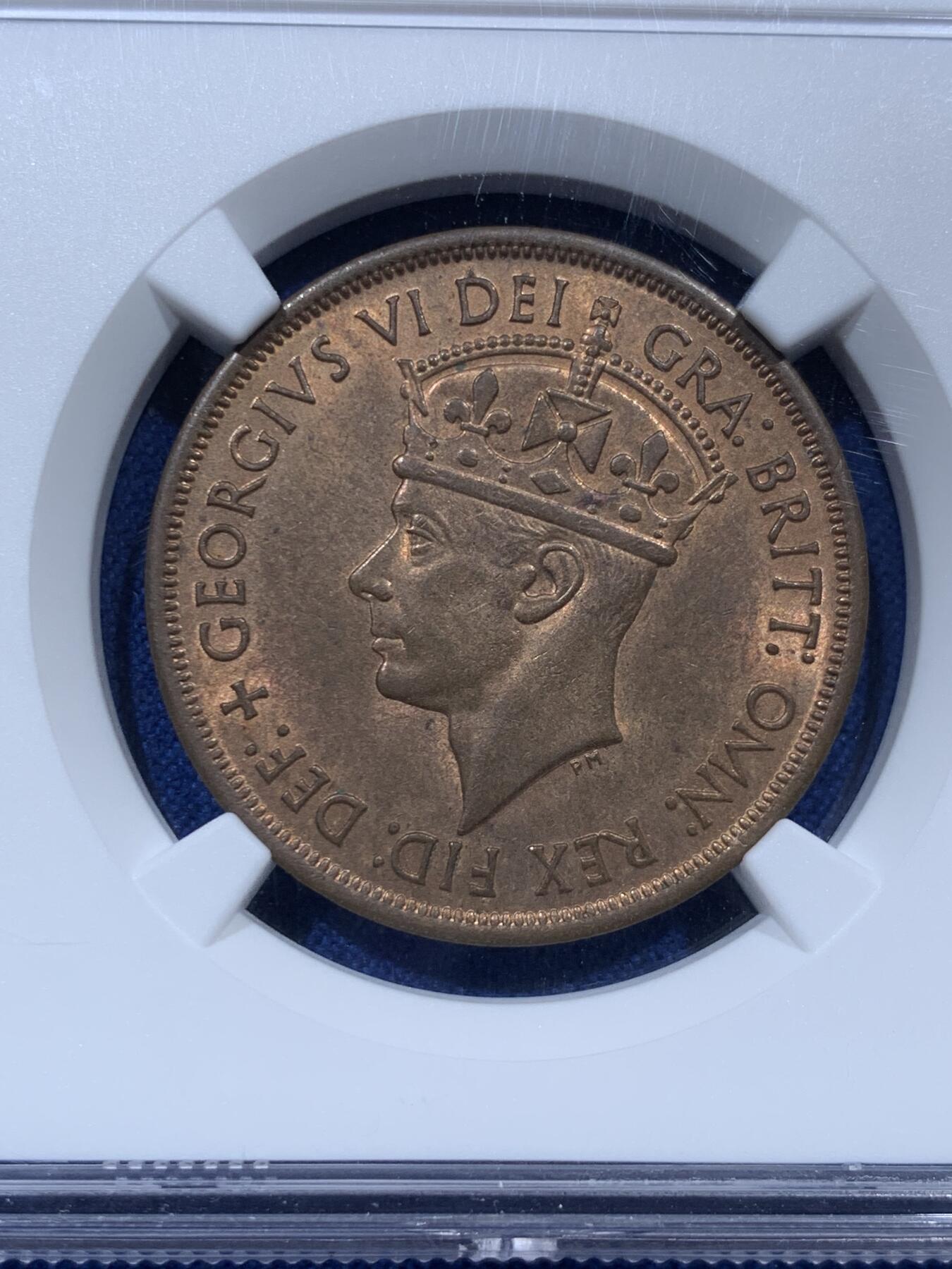 《竞宝斋》第374场 周日，周一，周二 3场连拍 （全场包邮） NGC MS64RB 泽西1945年1/12先令，乔治六世版本，分数合格