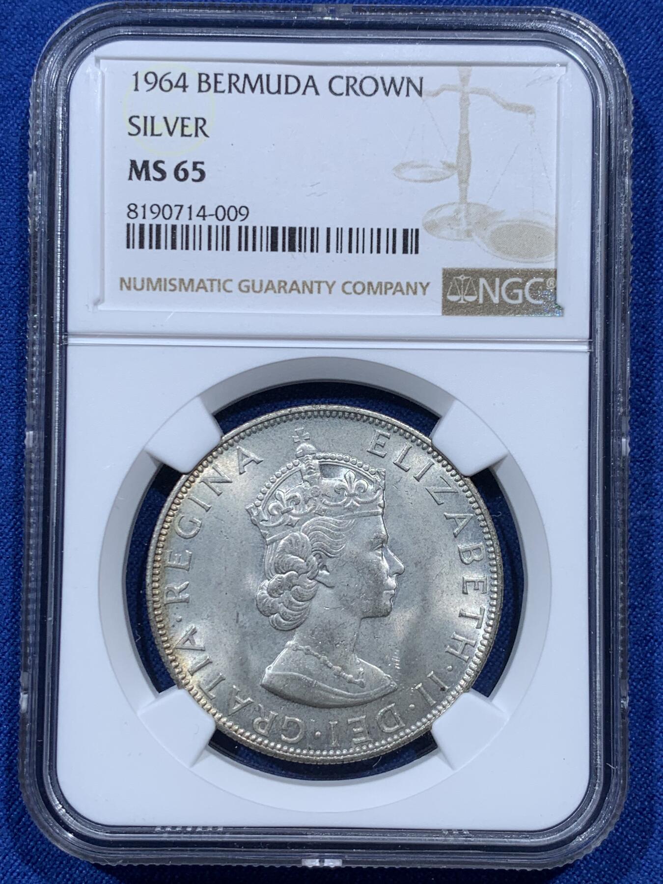 《竞宝斋》第374场 周日，周一，周二 3场连拍 （全场包邮） NGC MS65 英属百慕大1964年伊丽莎白二世青年头像克朗银币 经典女王头像