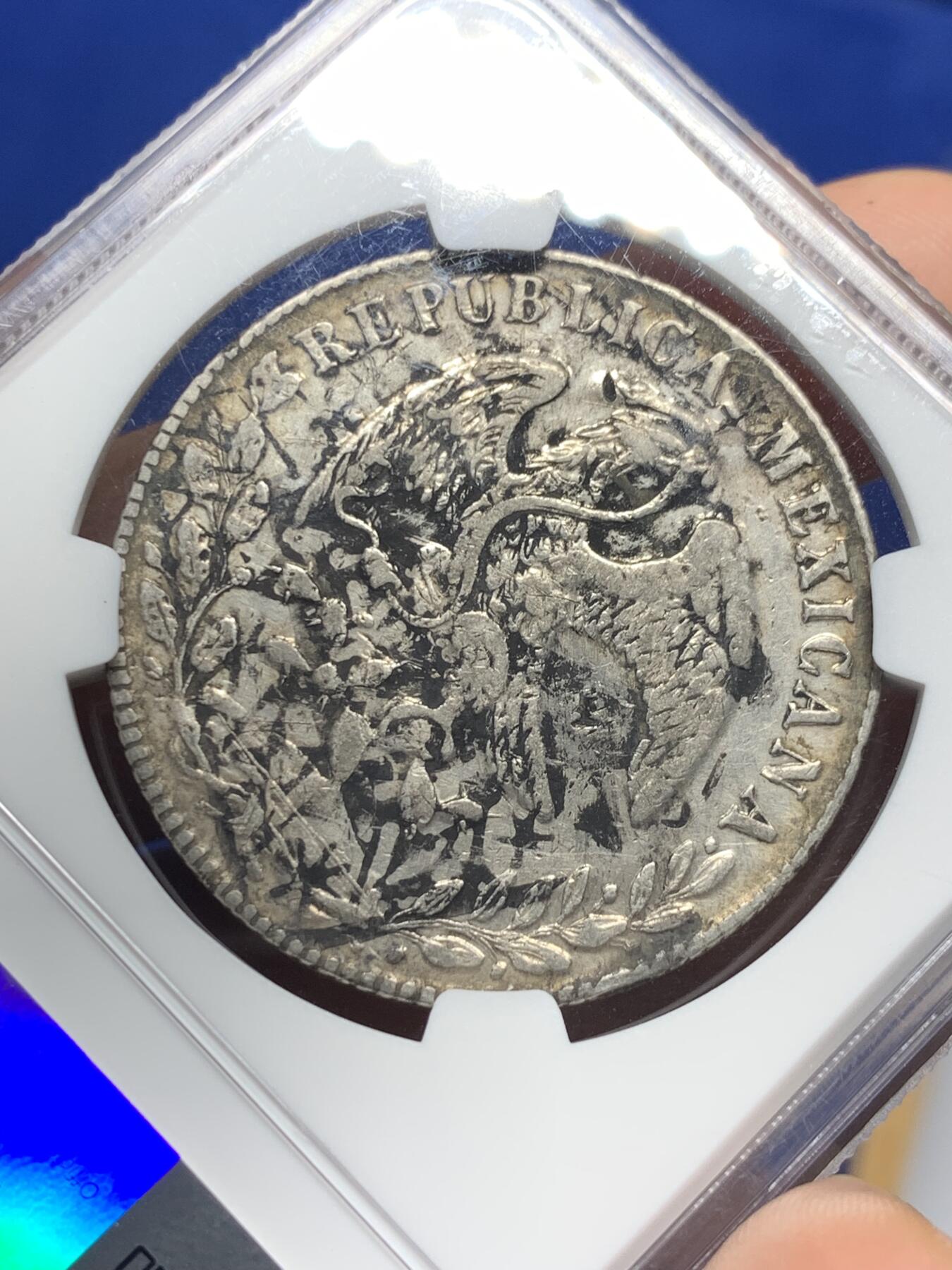 《竞宝斋》第374场 周日，周一，周二 3场连拍 （全场包邮） NGC XFD 墨西哥1880年鹰洋 AS阿拉莫斯厂，比较少见，墨印，有戳