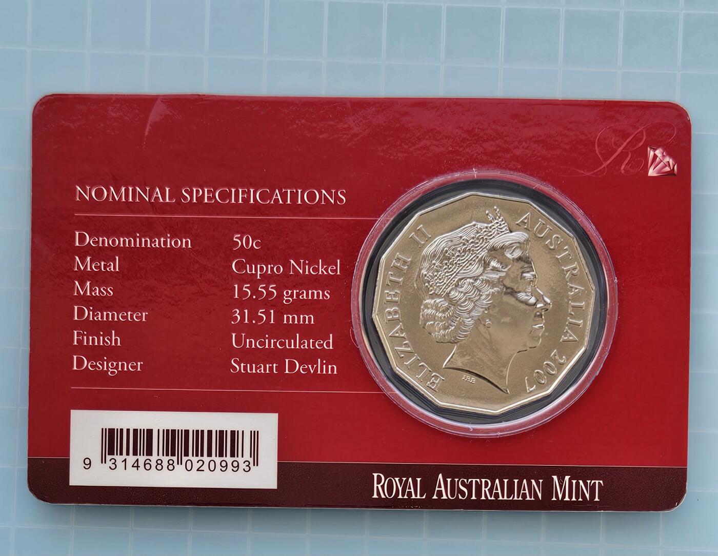 JoDe826 收藏第02次拍卖，英联邦地区硬币纸币 澳大利亚 年份 2007, 50 Cents, 全新的 纪念钞 硬币 带卡 