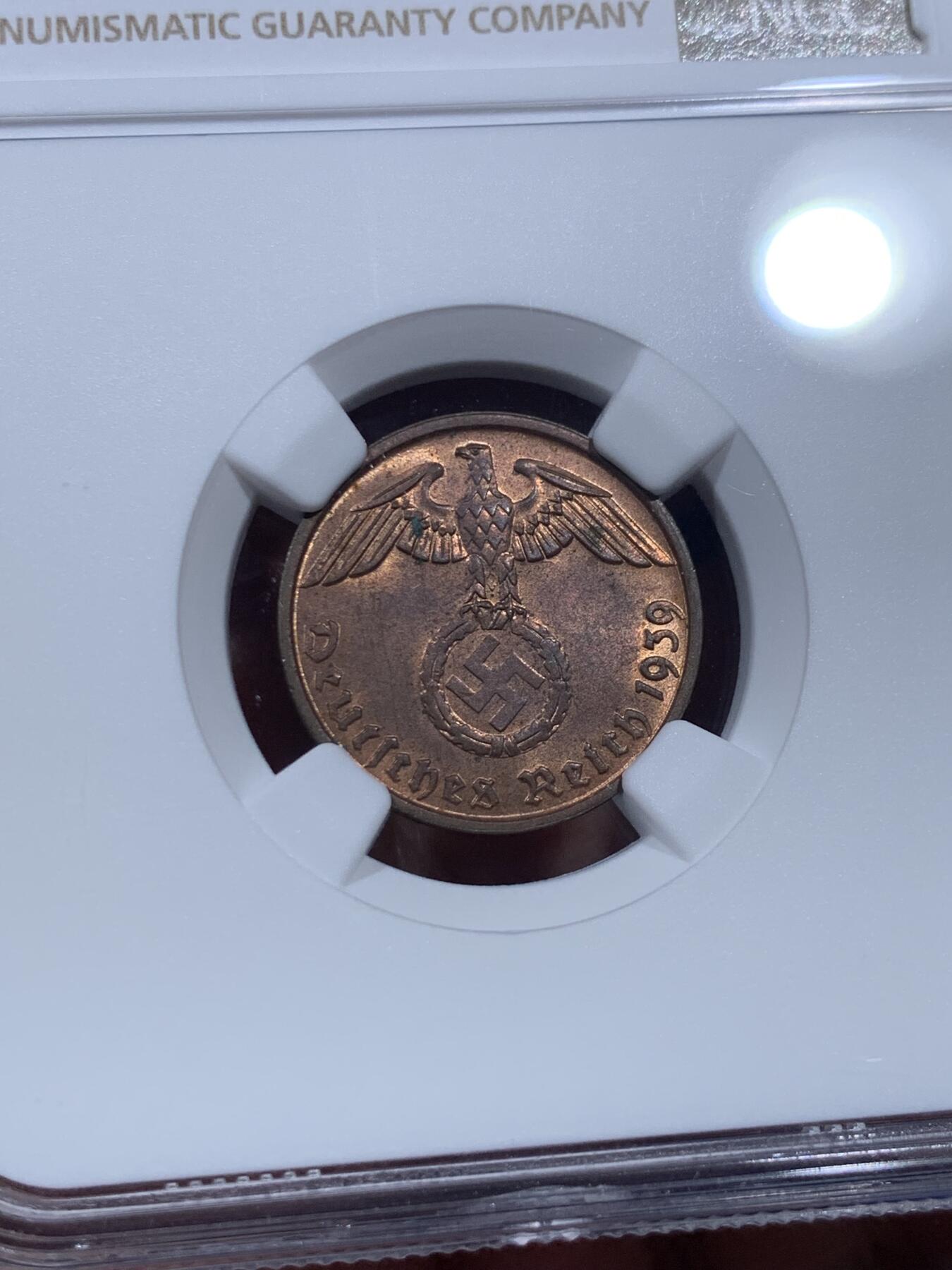 《竞宝斋》第374场 周日，周一，周二 3场连拍 （全场包邮） NGC MS63RB 1939B德国2芬尼