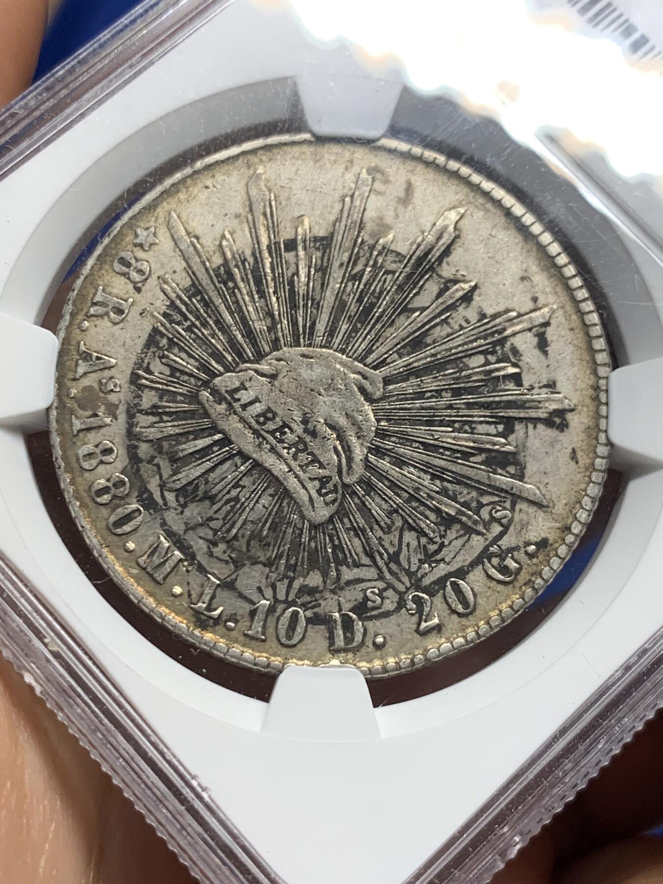 《竞宝斋》第374场 周日，周一，周二 3场连拍 （全场包邮） NGC XFD 墨西哥1880年鹰洋 AS阿拉莫斯厂，比较少见，墨印，有戳