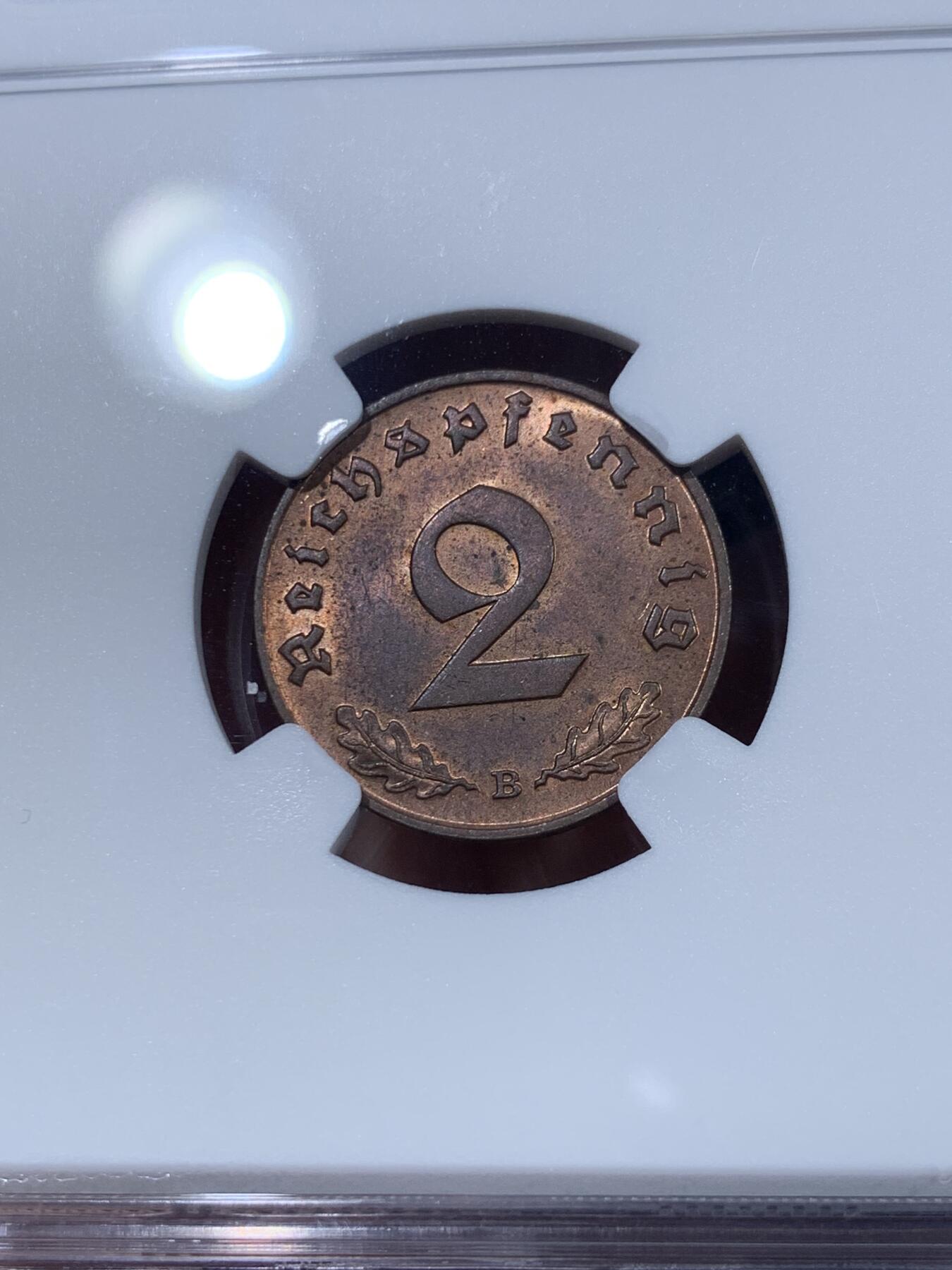 《竞宝斋》第374场 周日，周一，周二 3场连拍 （全场包邮） NGC MS63RB 1939B德国2芬尼