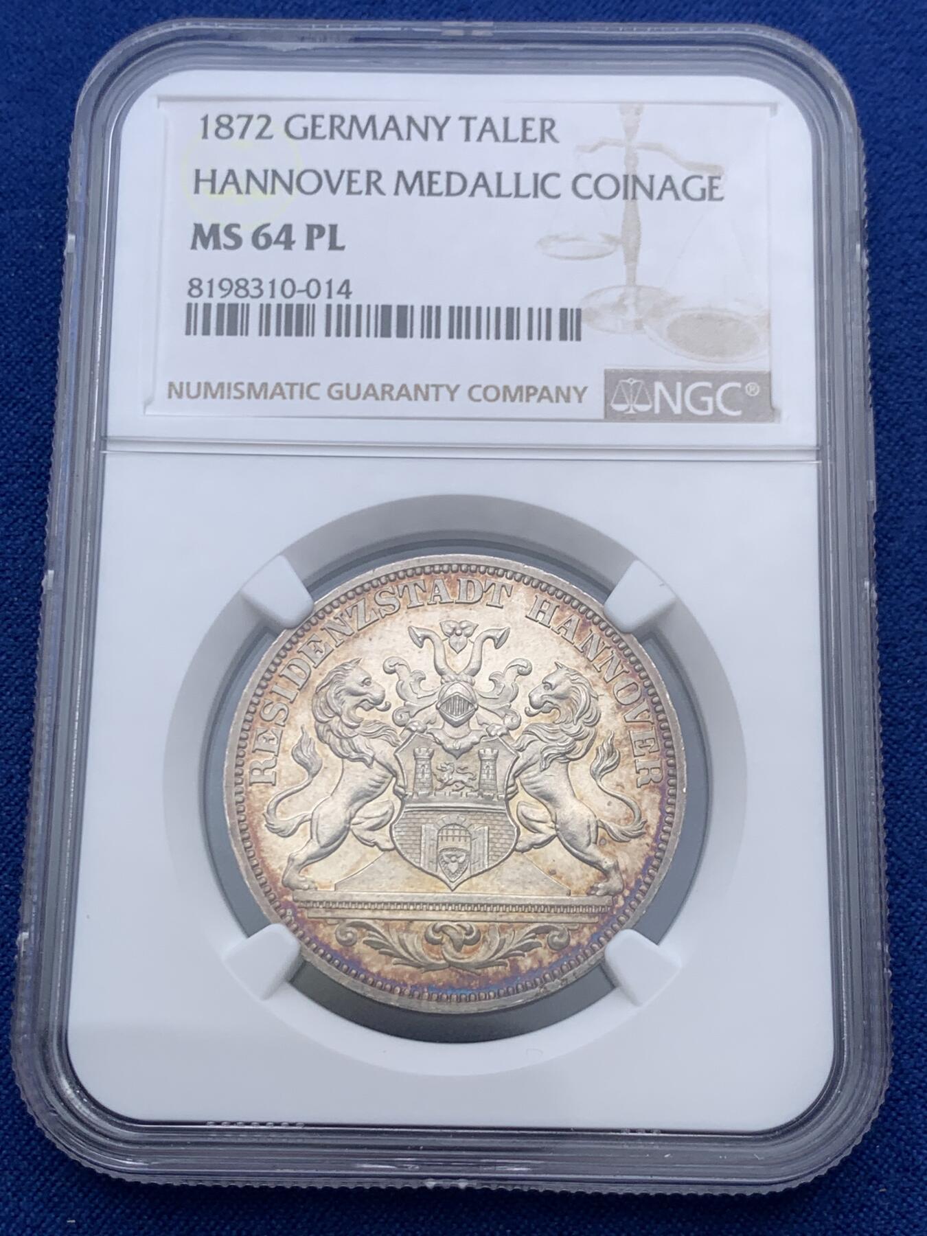 《竞宝斋》第374场 周日，周一，周二 3场连拍 （全场包邮） 唯一冠军分 NGC MS64PL 德国1872年汉诺威射击节女神泰勒，发行仅6317枚，入选克劳斯珍稀币目录。正面日耳曼妮娅女神，背面汉诺威双狮。实物底板带镜面感，绚丽五彩 可遇不可求 PL记录就2个