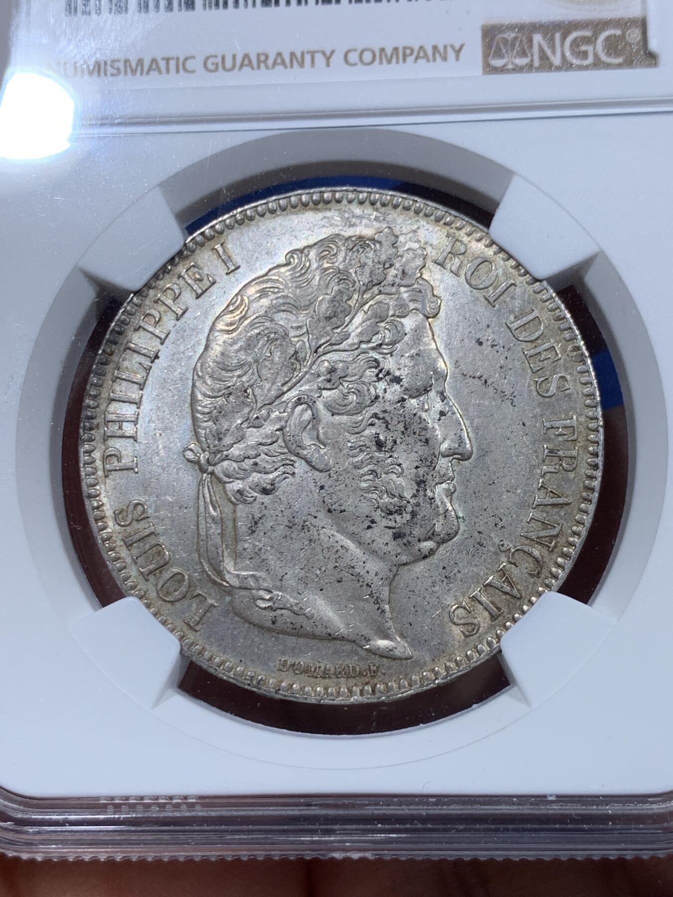 《竞宝斋》第374场 周日，周一，周二 3场连拍 （全场包邮） NGC MS62 法国1843年B厂（鲁昂）菲利普斯一世5法郎银币 少见厂铭 唯一亚军分数