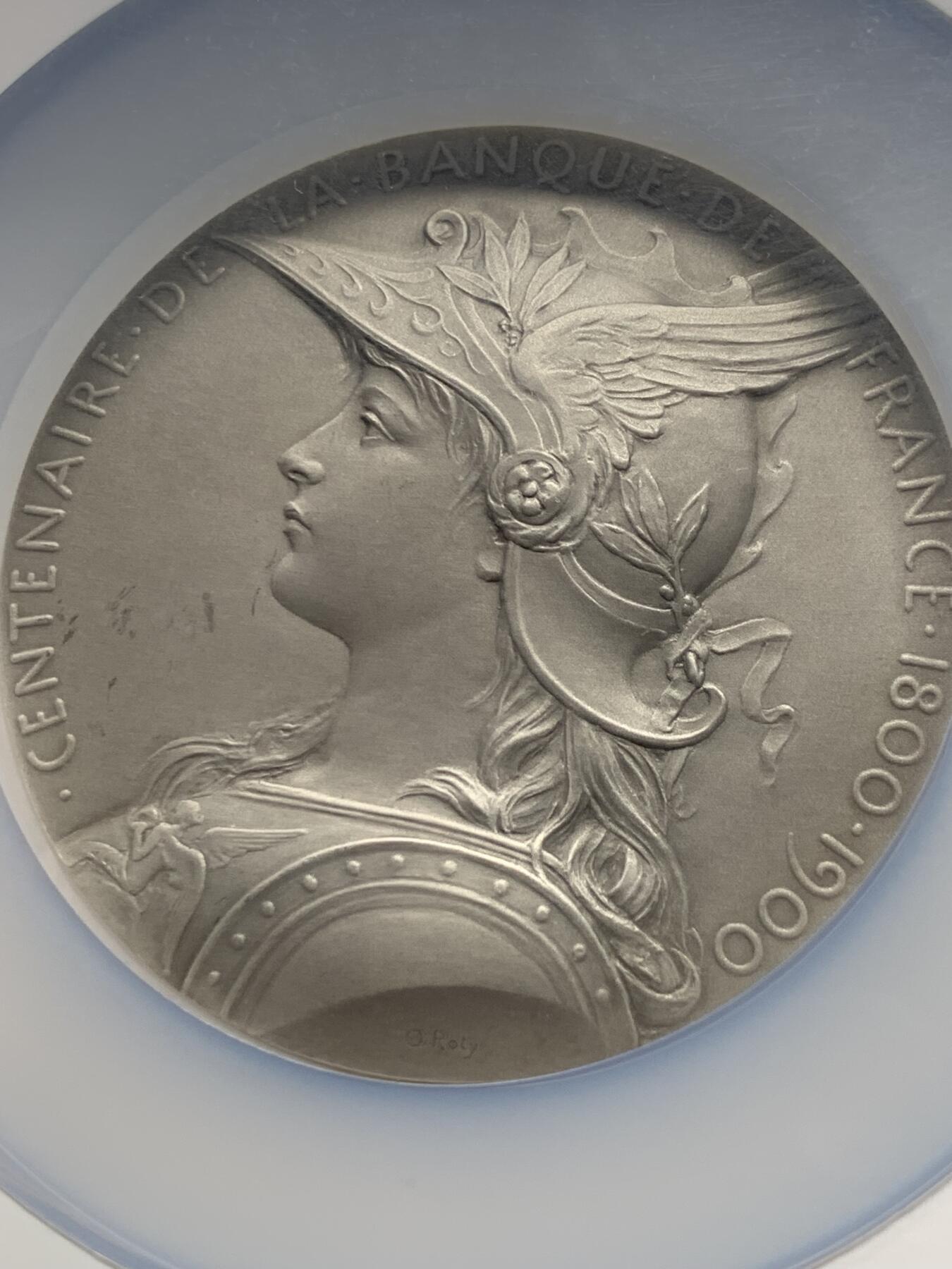 《竞宝斋》第375场 周日，周一，周二 3场连拍 （全场包邮） NGC MS63 法兰西银行百年纪念大银章 奥斯卡·罗蒂大师的扛鼎之作 名品法百 加大加厚盒装 法章不可或缺藏品