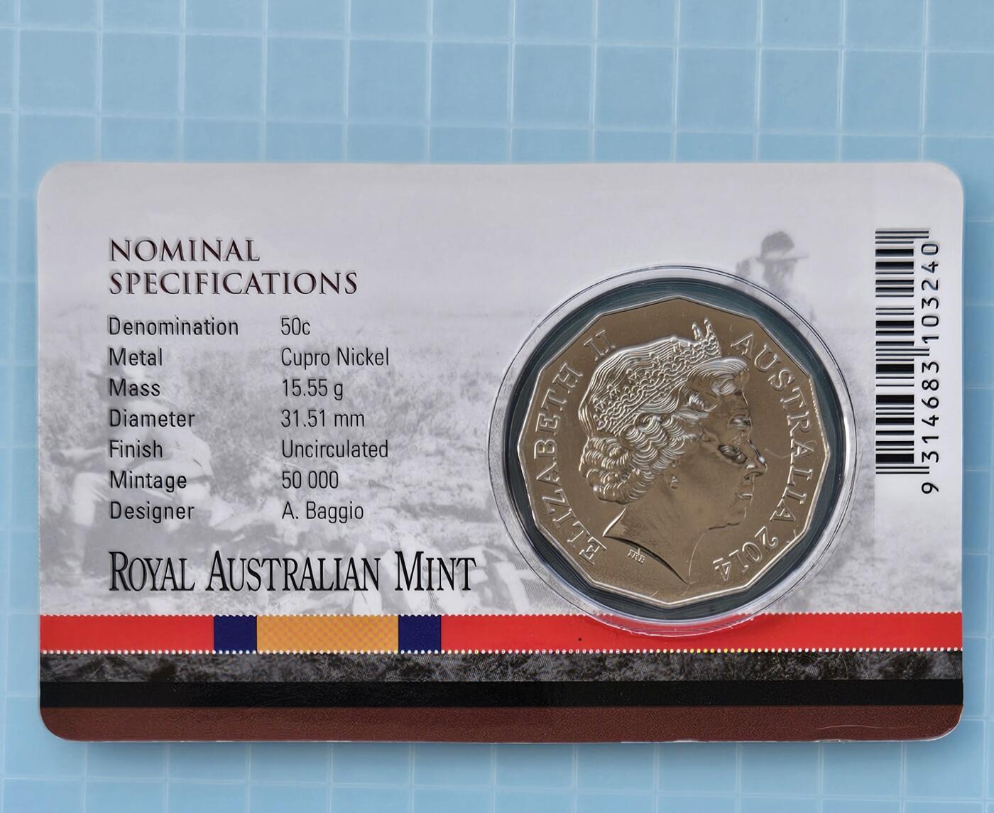JoDe826 收藏第02次拍卖，英联邦地区硬币纸币  澳大利亚 年份 2014, 50 Cents, 全新的 纪念钞 硬币 带卡 