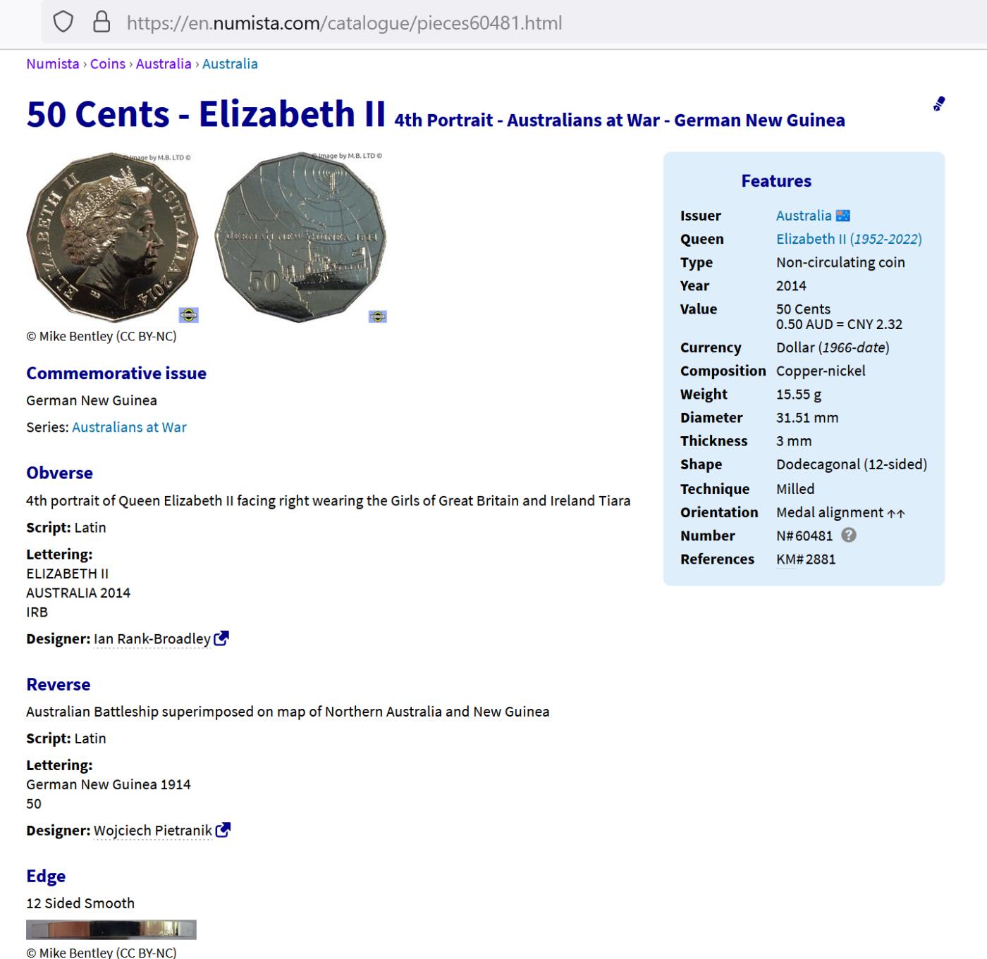 JoDe826 收藏第02次拍卖，英联邦地区硬币纸币  澳大利亚 年份 2014, 50 Cents, 全新的 纪念钞 硬币 带卡 