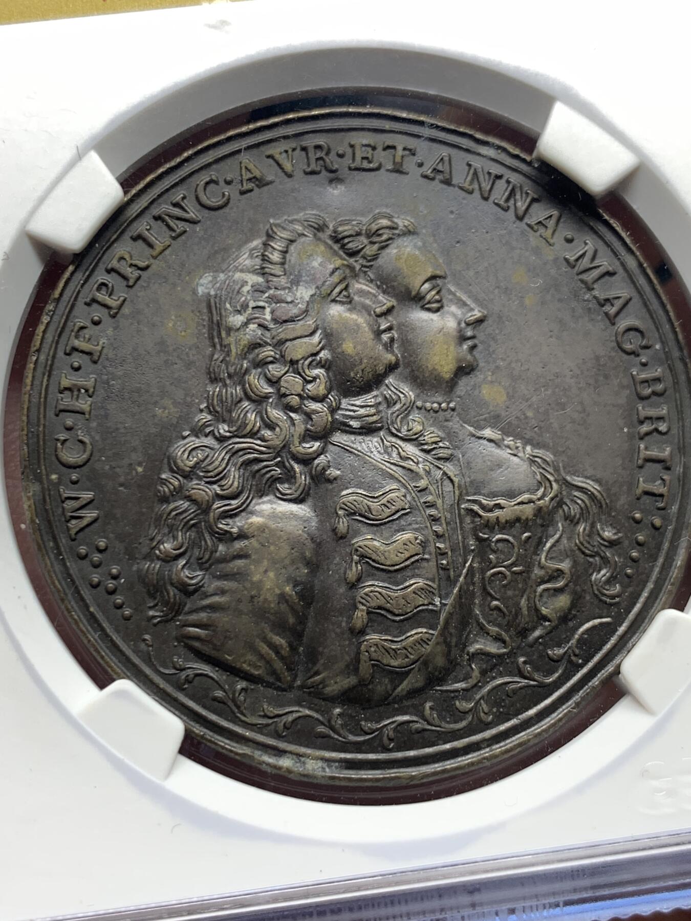 《竞宝斋》第375场 周日，周一，周二 3场连拍 （全场包邮） 公博MS63 1747年尼德兰联省共和国锌章，奥兰治亲王夫妇头像