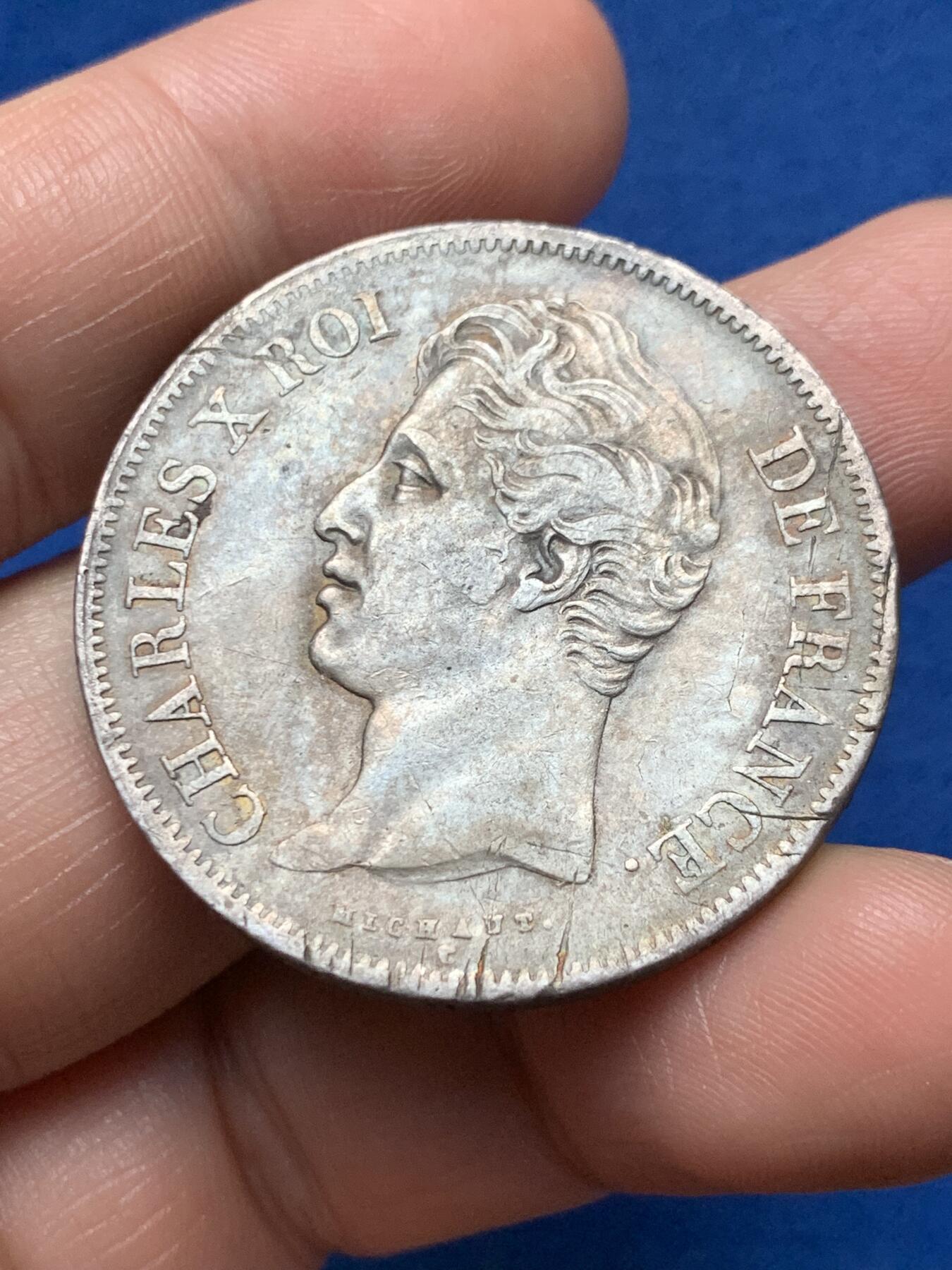 《竞宝斋》第374场 周日，周一，周二 3场连拍 （全场包邮） 法国 1828-K 查理十世 5法郎银币 细节见图