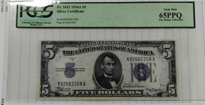 超越收藏第12场 1934年美国5美元蓝色库印 PCGS65PPQ