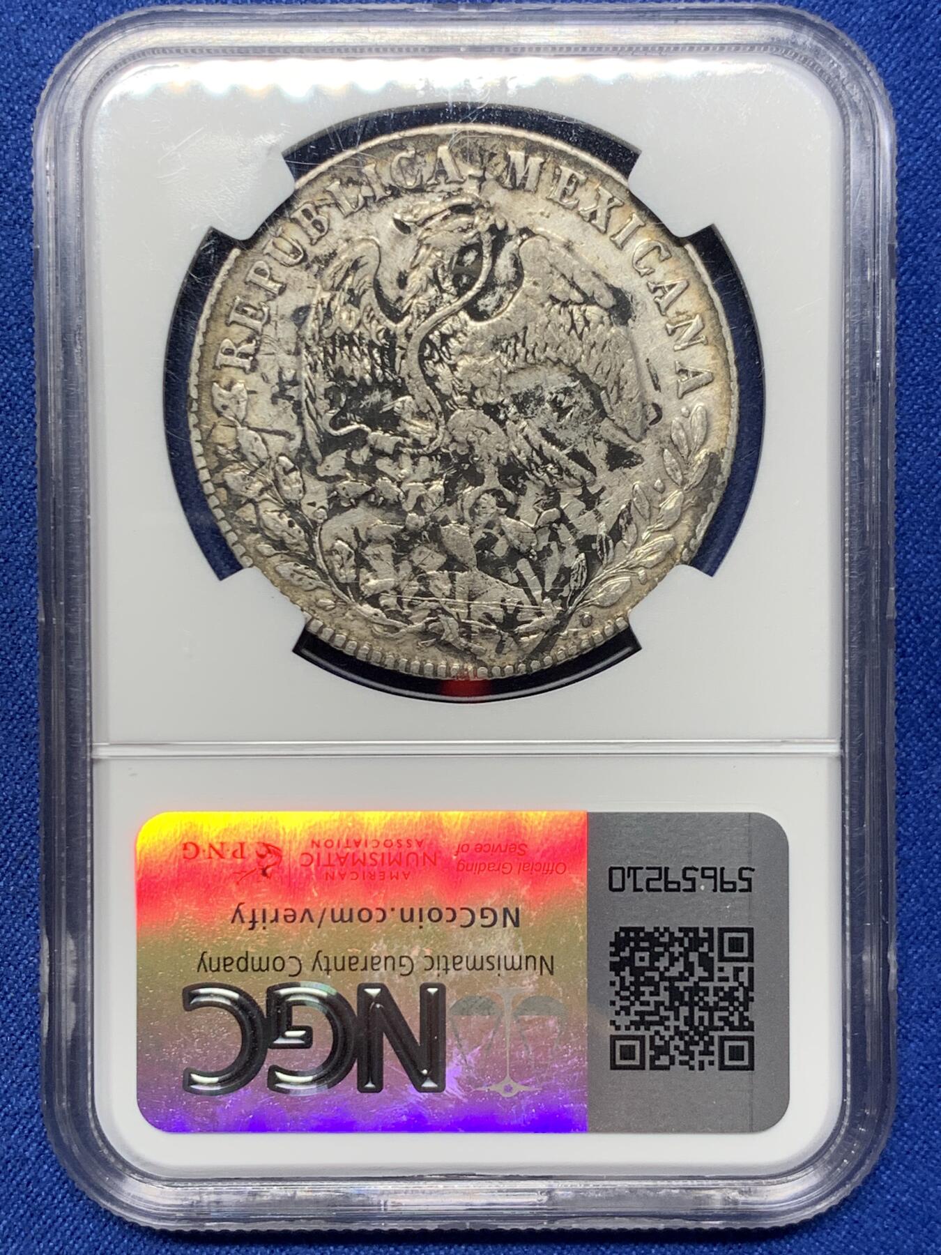 《竞宝斋》第374场 周日，周一，周二 3场连拍 （全场包邮） NGC XFD 墨西哥1880年鹰洋 AS阿拉莫斯厂，比较少见，墨印，有戳