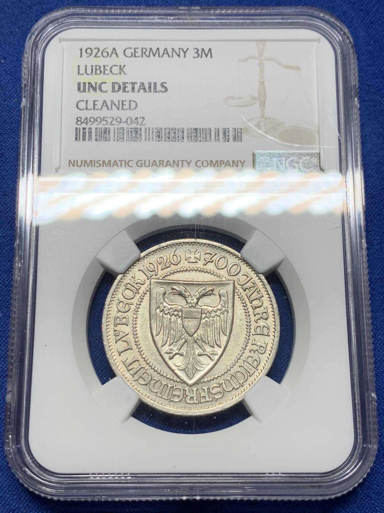 《竞宝斋》第374场 周日，周一，周二 3场连拍 （全场包邮） NGC UNCD 德国1926A吕贝克700年自由3马克银币