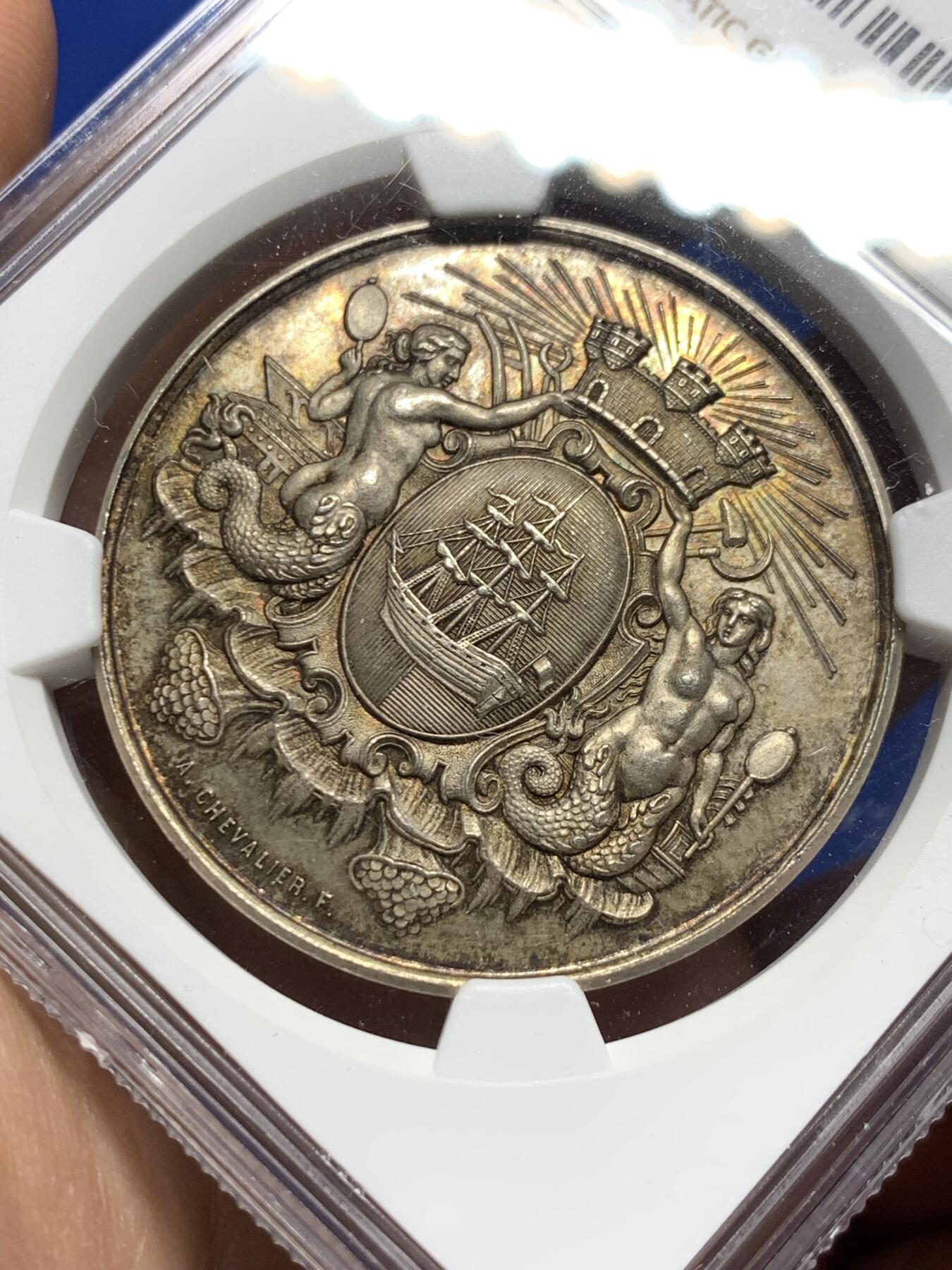 《竞宝斋》第375场 周日，周一，周二 3场连拍 （全场包邮） NGC MS65 法国迪耶普储蓄银行双美人鱼银章