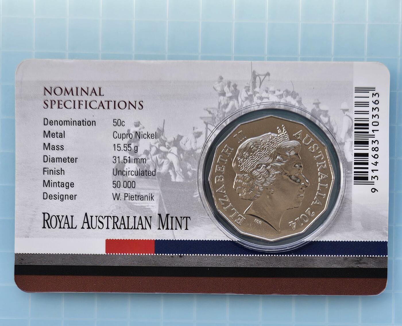 JoDe826 收藏第02次拍卖，英联邦地区硬币纸币  澳大利亚 年份 2014, 50 Cents, 全新的 纪念钞 硬币 带卡 