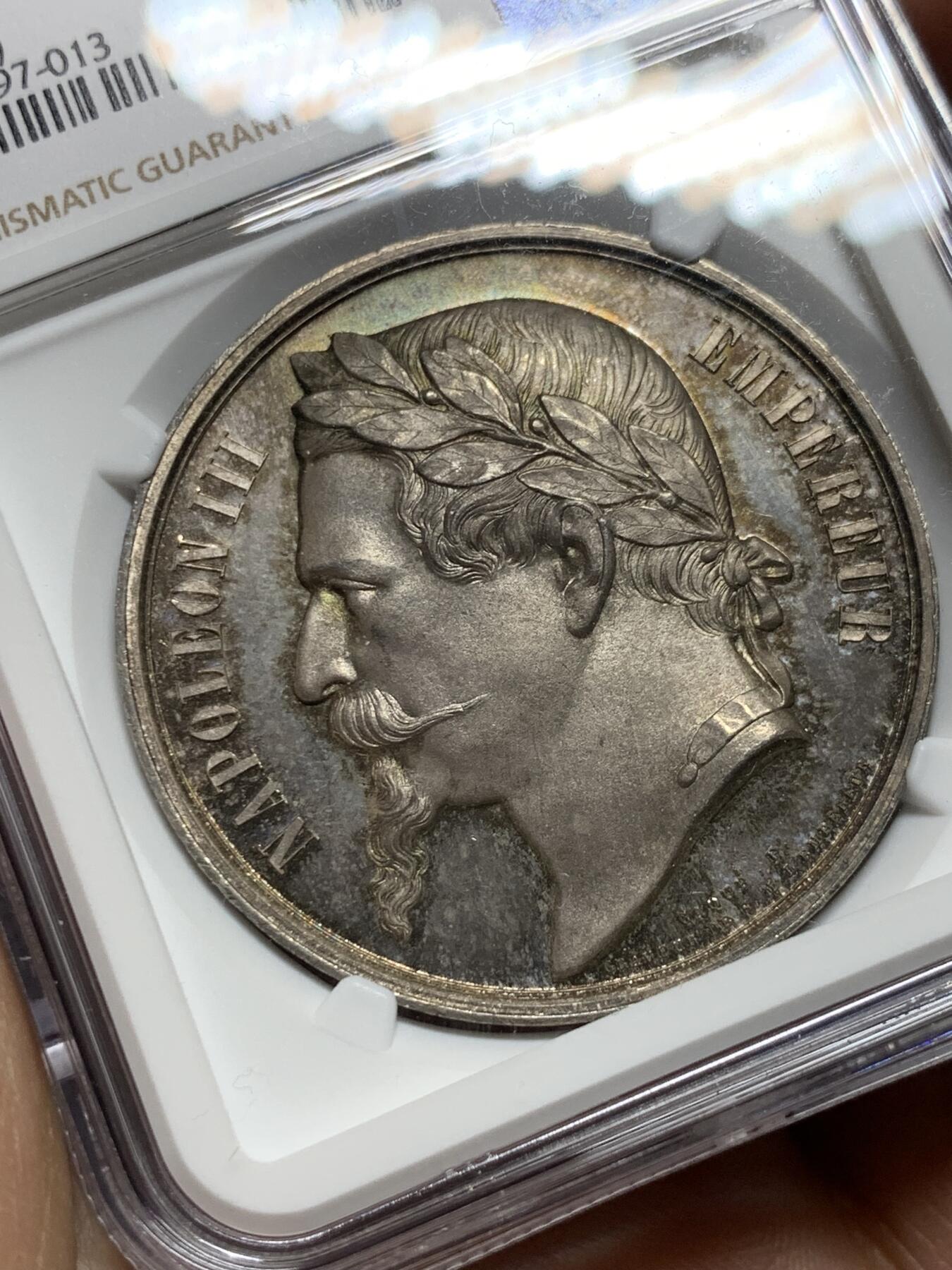 《竞宝斋》第375场 周日，周一，周二 3场连拍 （全场包邮） NGC MS65 法国拿破仑三世头像博韦工业展银章