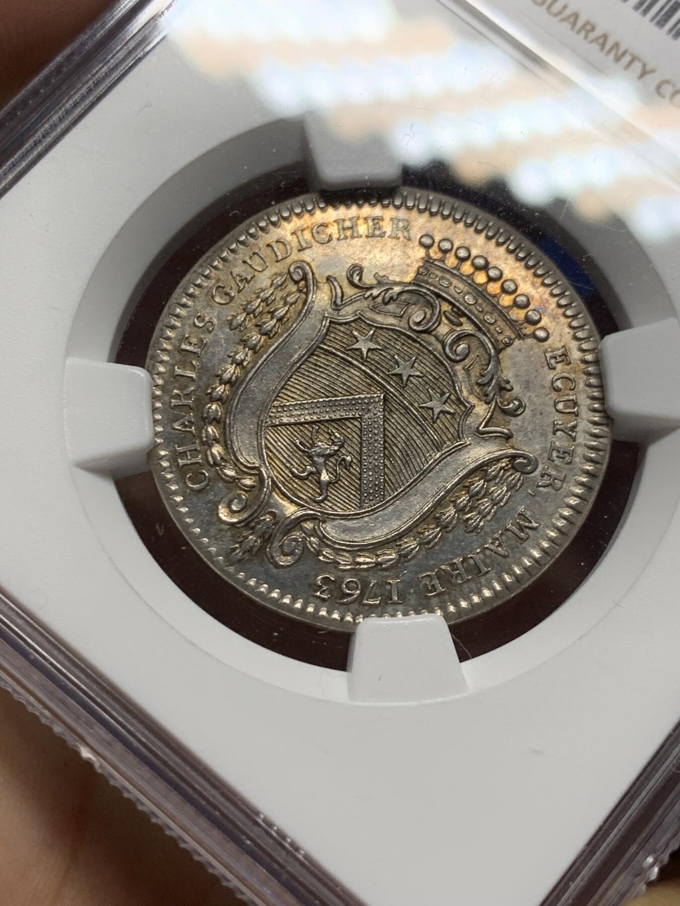 《竞宝斋》第375场 周日，周一，周二 3场连拍 （全场包邮） NGC-UNCD 法国带有1763年昂热市长查尔斯·戈迪谢尔徽章的银质代币